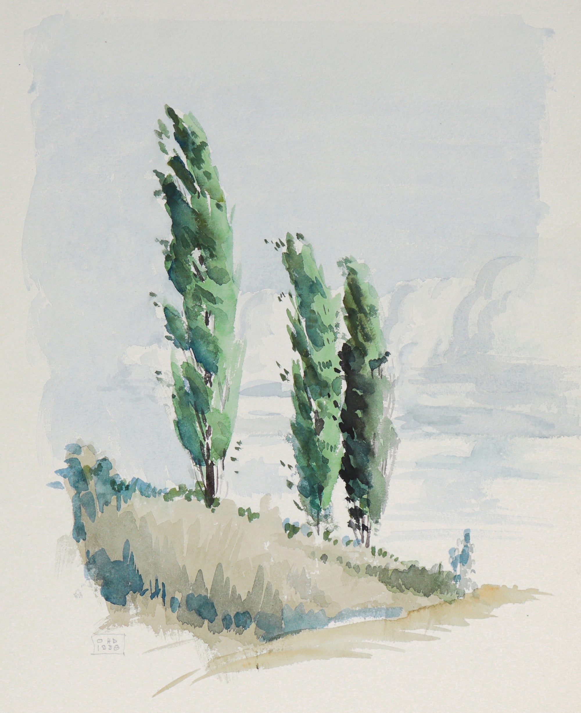 Windswept Trees on a Hillside<br>1938 Watercolor<br><br>#C5521