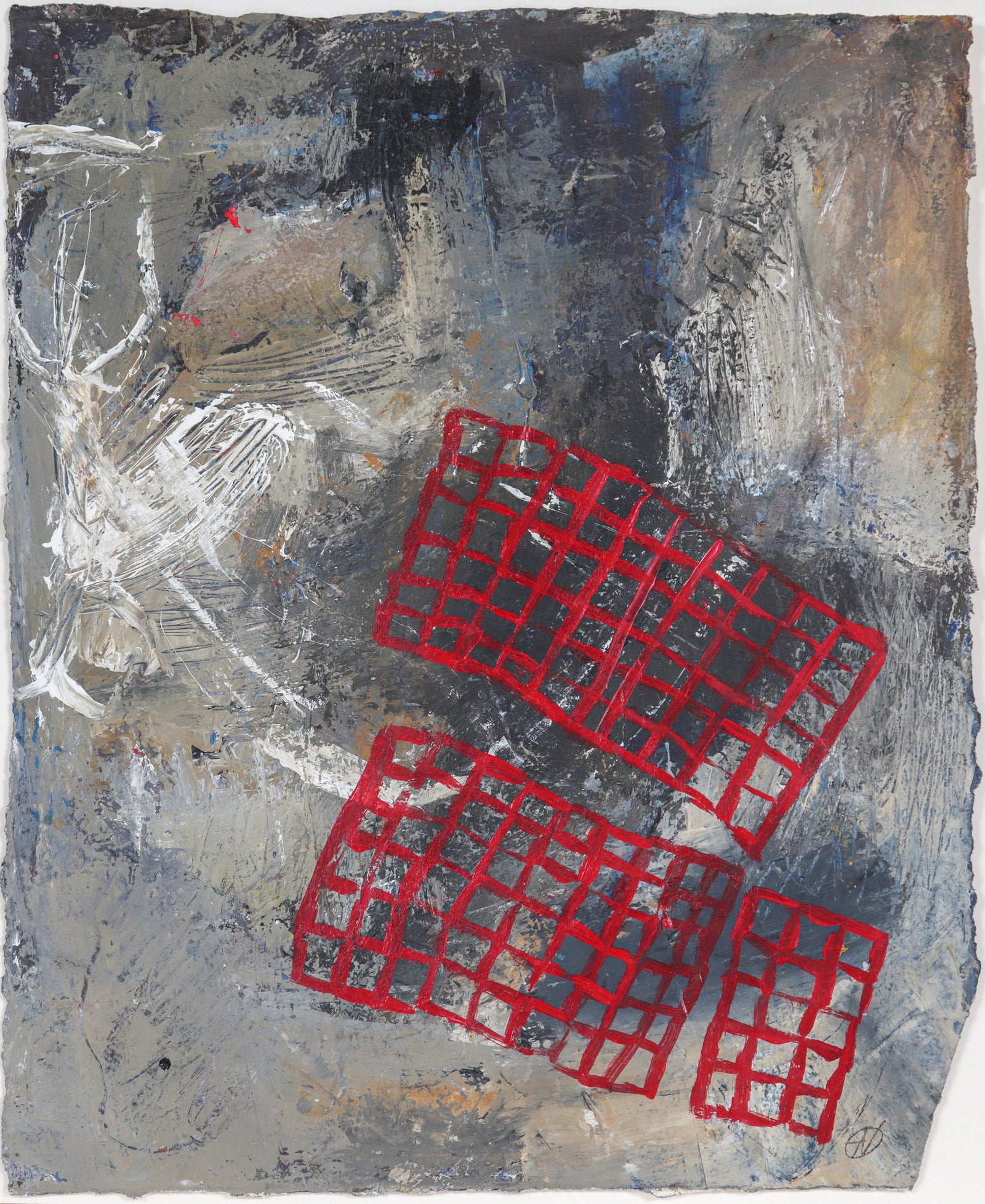 Gestural Abstract with Red Squares<br>20th Century Oil<br><br>#C5595