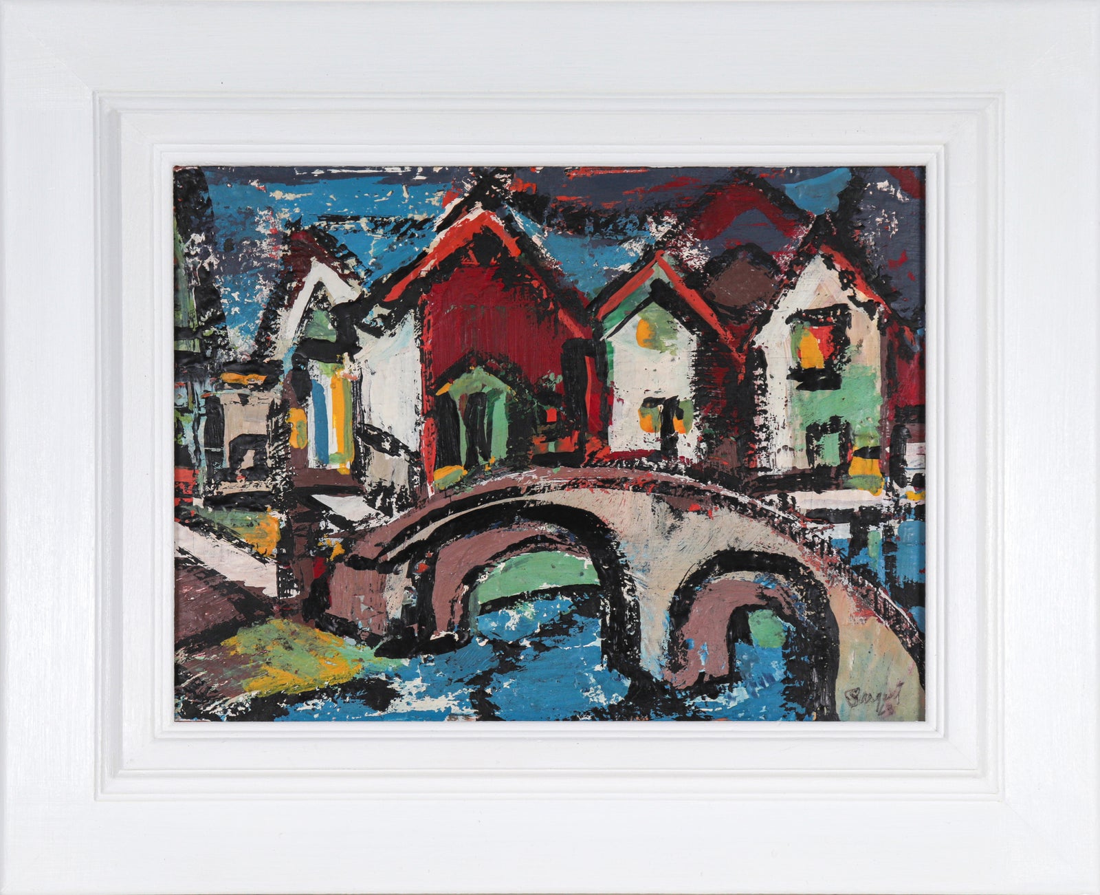 Cheerful Scene with Bridge <br>1963 Encaustic <br><br>#C5612