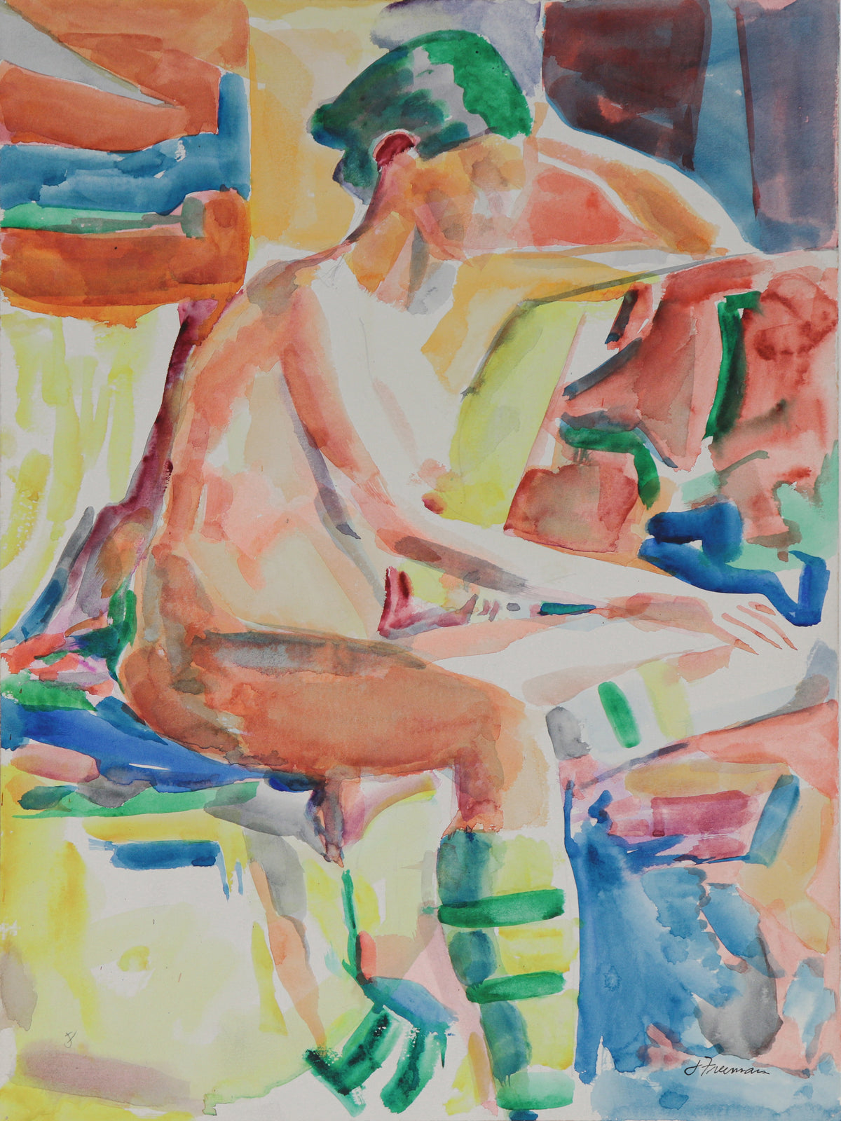 Colorful Seated Figure &lt;br&gt;Mid Century Watercolor &lt;br&gt;&lt;br&gt;#C5627