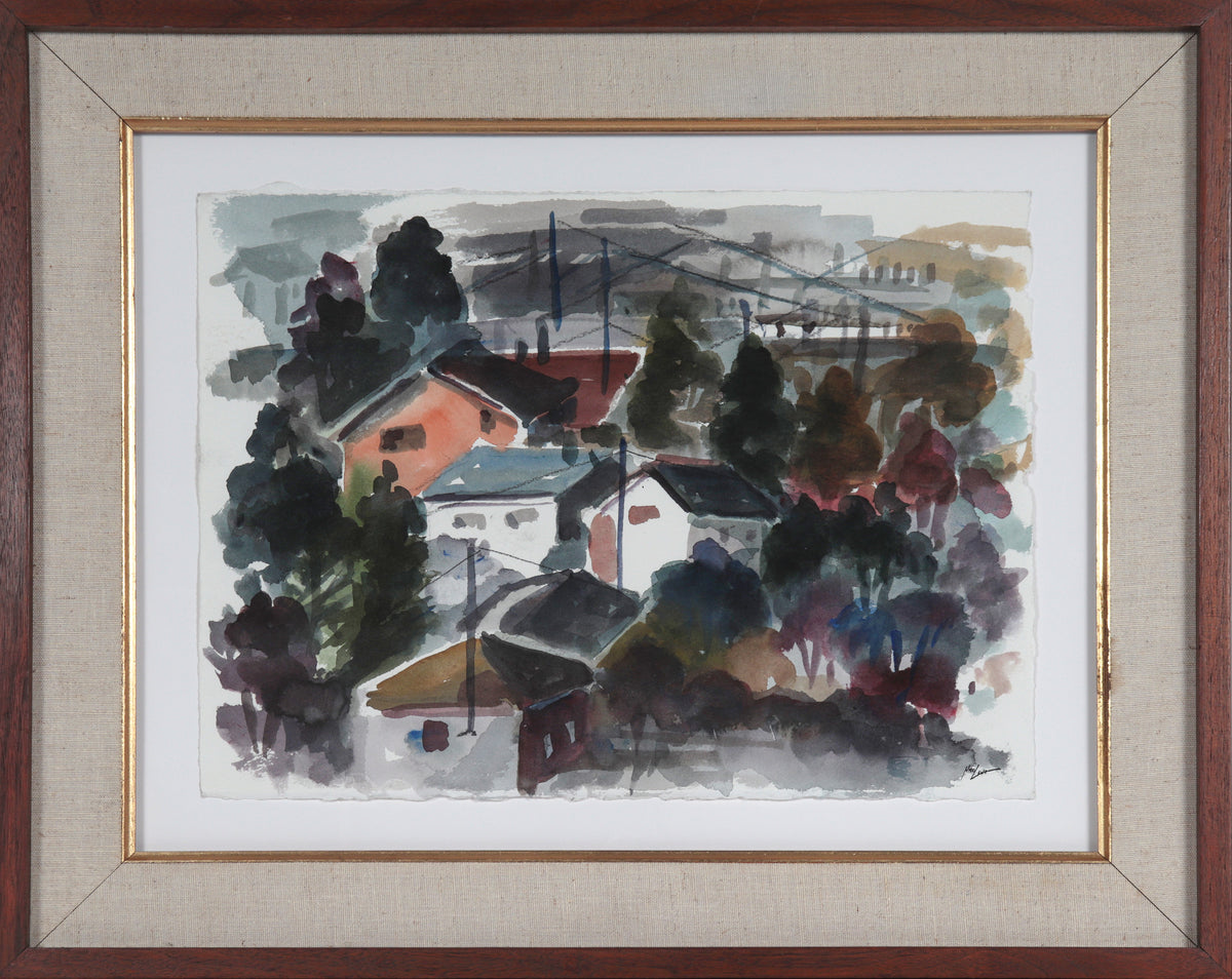 Abstracted California Landscape with Houses &lt;br&gt;20th Century Watercolor &lt;br&gt;&lt;br&gt;#C5664