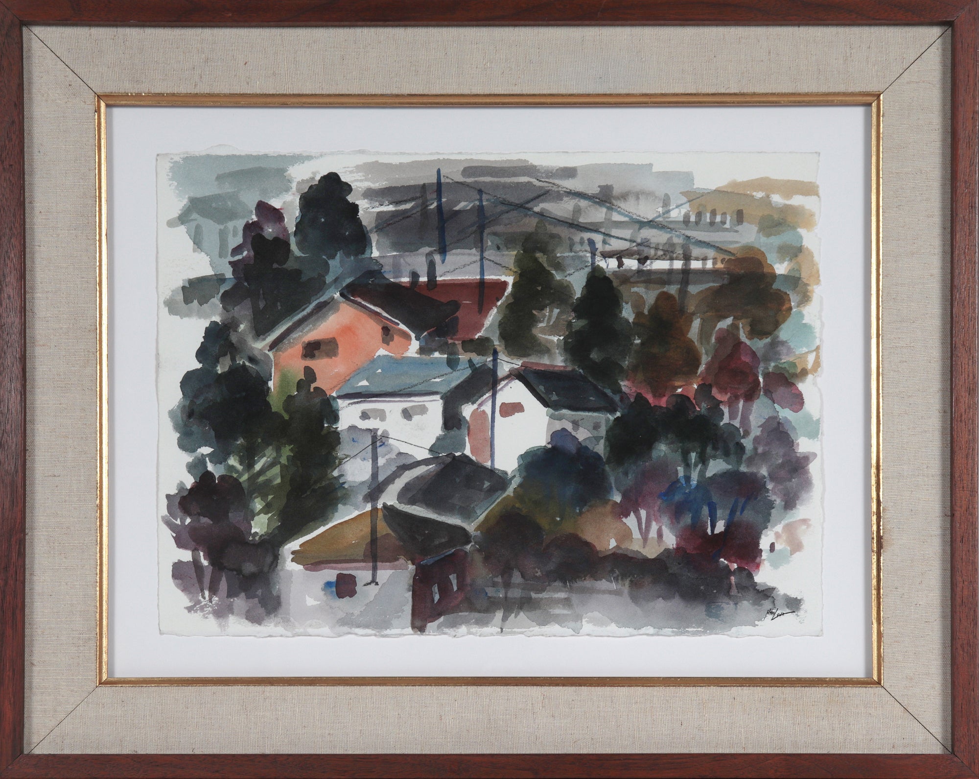 Abstracted California Landscape with Houses <br>20th Century Watercolor <br><br>#C5664