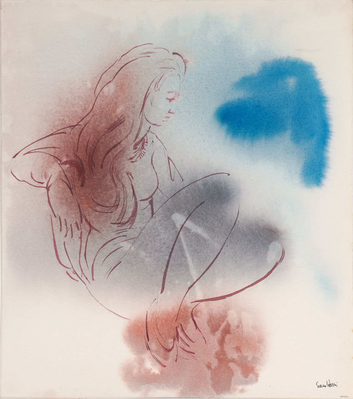Pensive Figure in the Abstract&lt;br&gt;20th Century Watercolor&lt;br&gt;&lt;br&gt;#C5704