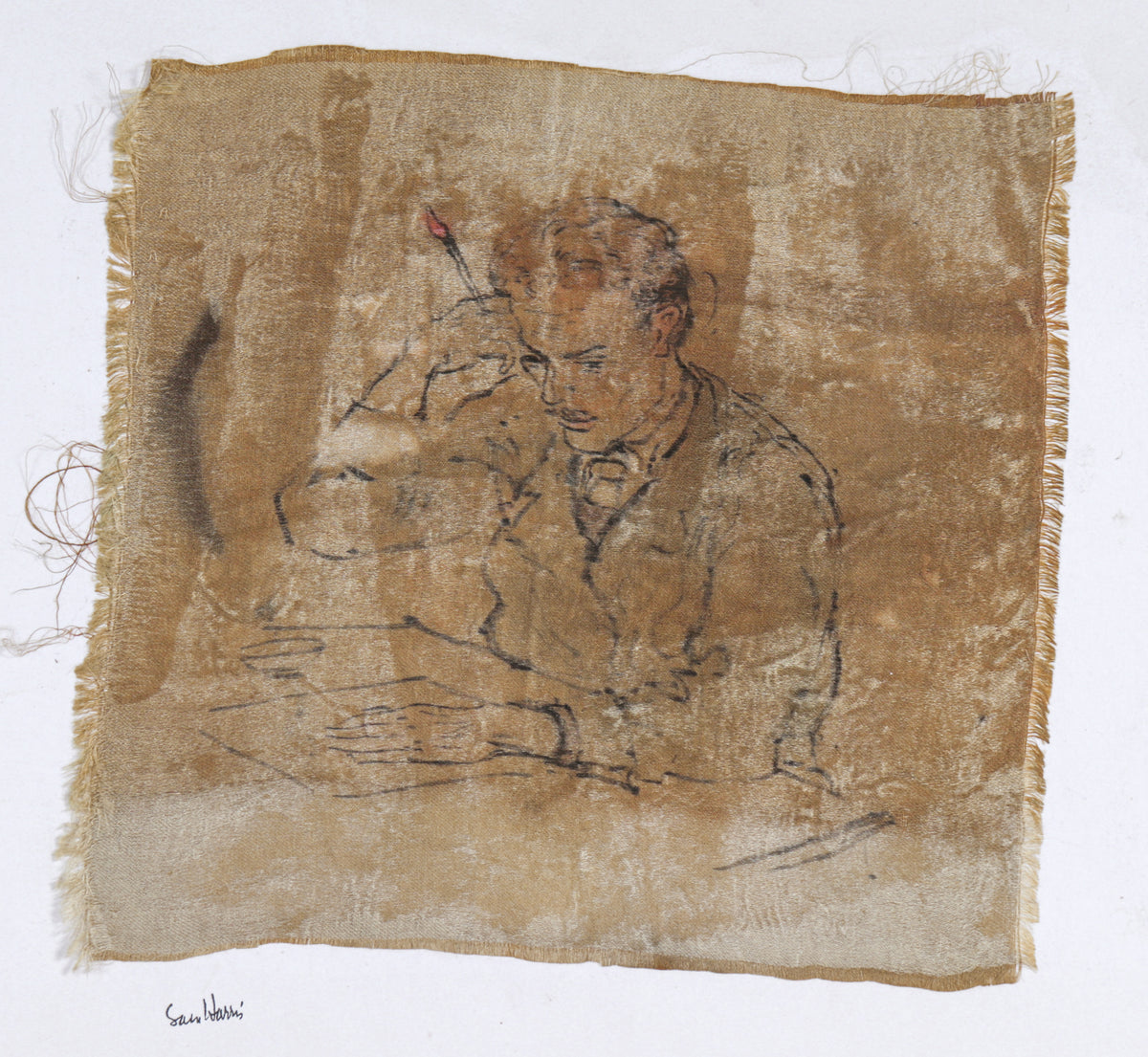 Contemplative Portrait of an Artist&lt;br&gt;20th Century Ink on Fabric&lt;br&gt;&lt;br&gt;#C5706