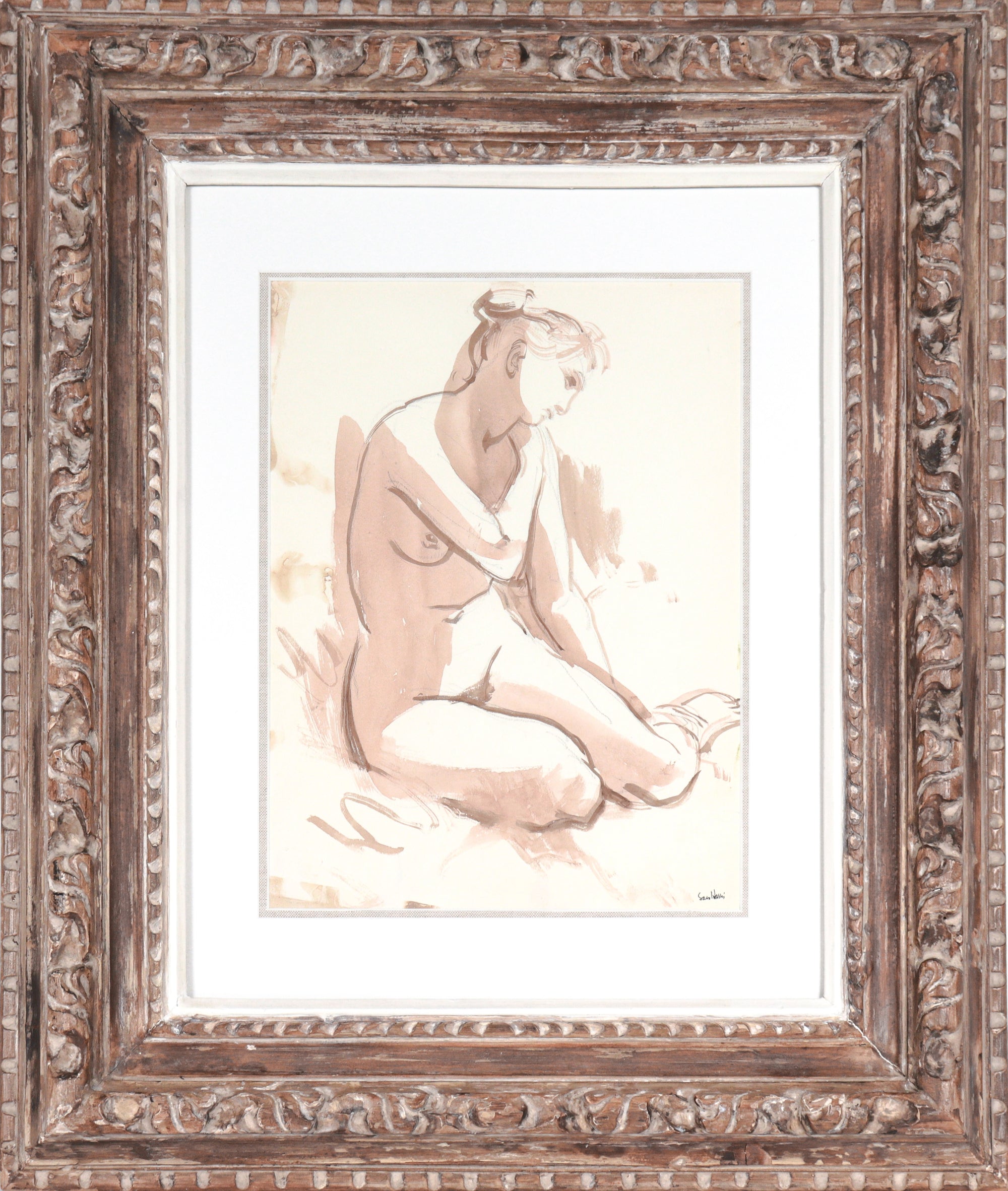 Contemplative Nude <br>20th Century Gouache & Graphite <br><br>#C5831