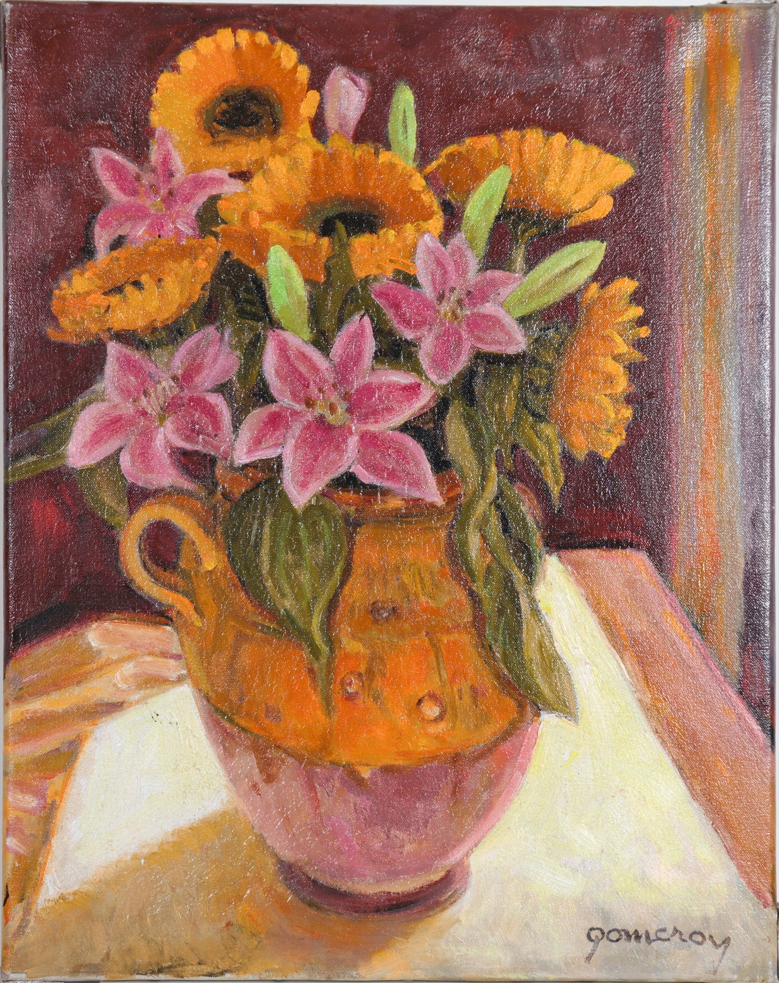 Still Life with Lilies & Sunflowers<br>20th Century Oil<br><br>#C5871