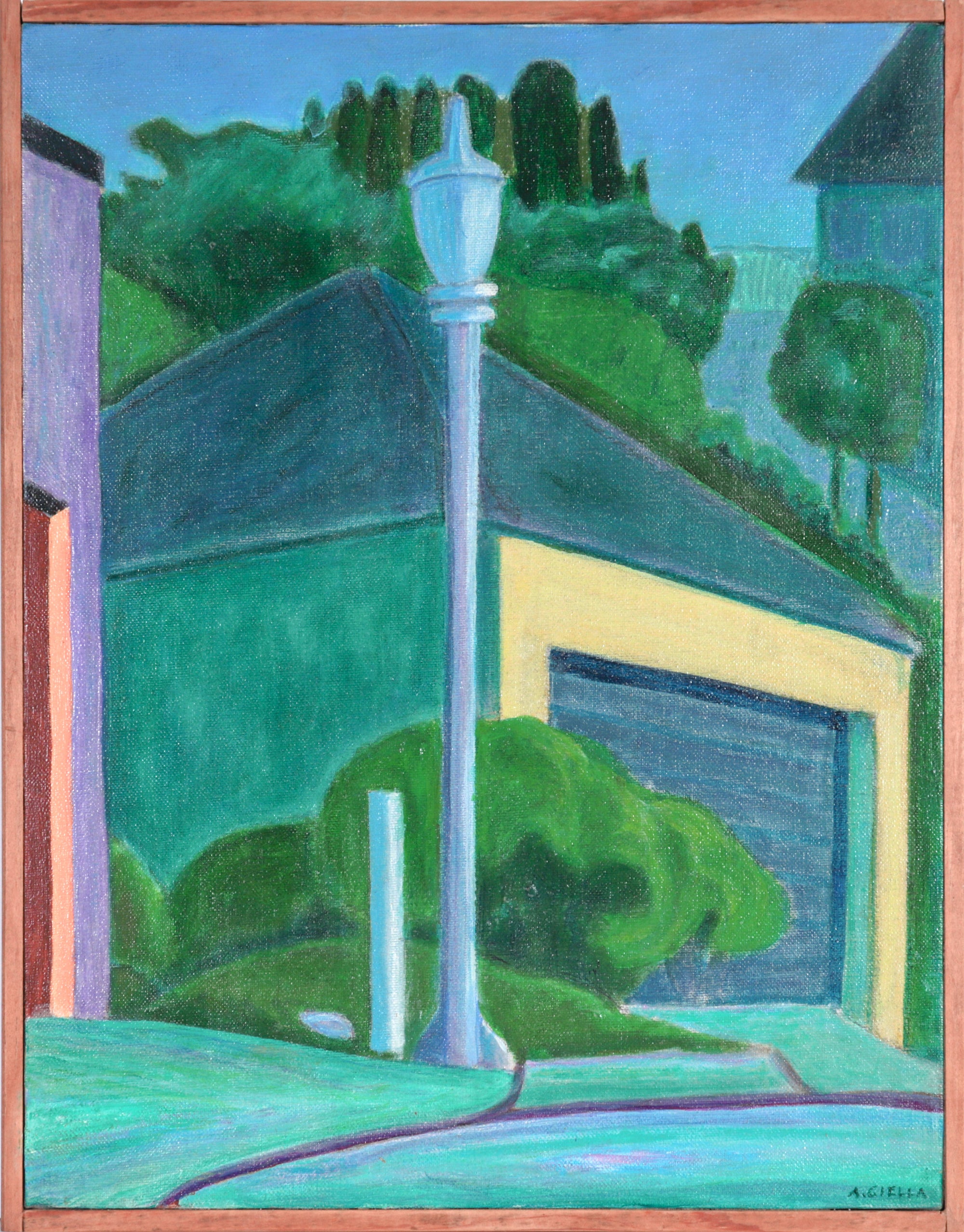 Jewel-Toned Neighborhood Scene <br>1980 Acrylic <br><br>#C5913