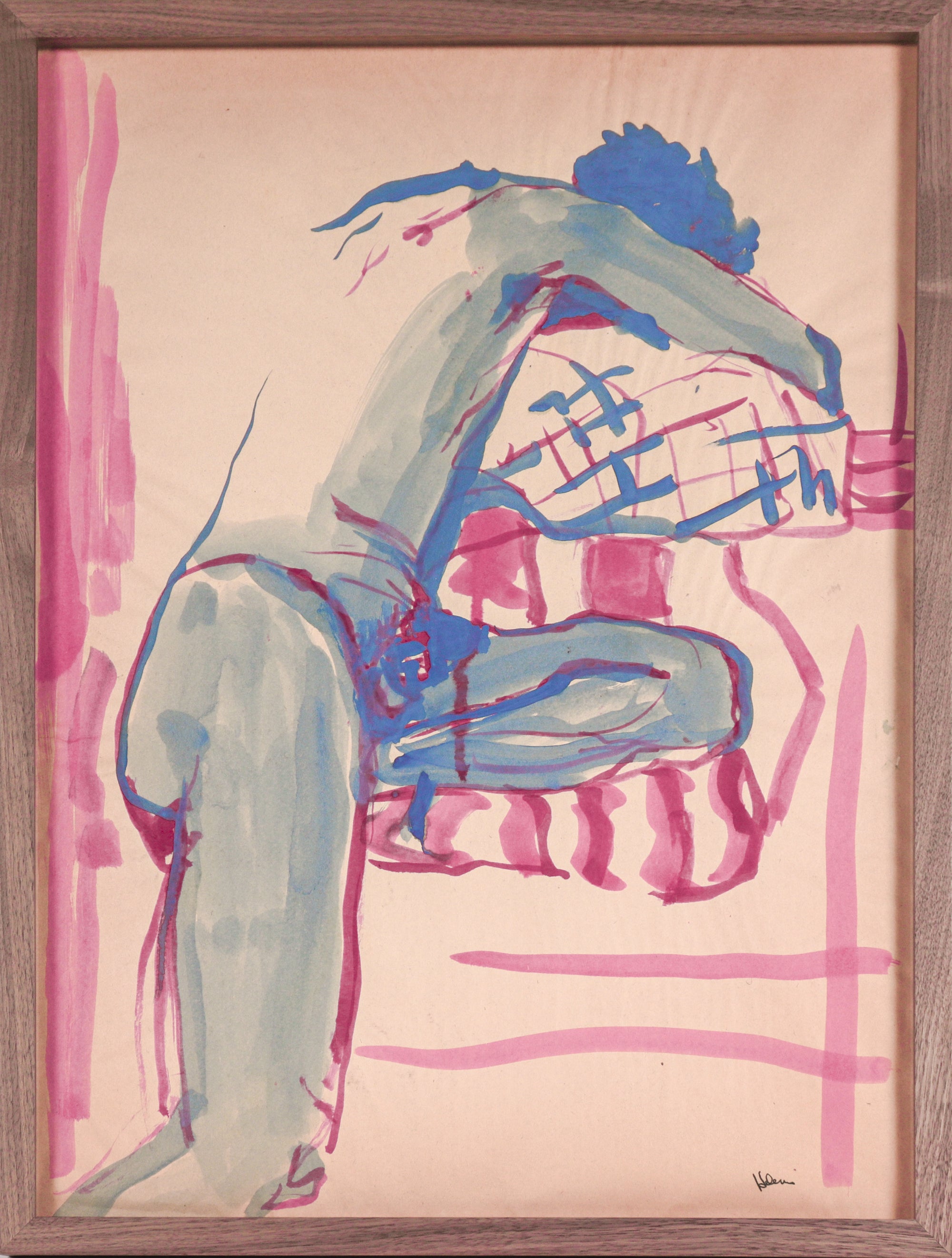 Steated Nude Figure in Blue & Pink <br>20th Century Gouache <br><br>#C5942