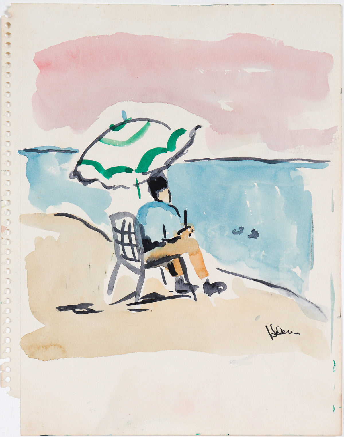 Umbrella at the Shore &lt;br&gt;20th Century Watercolor &lt;br&gt;&lt;br&gt;#C5970