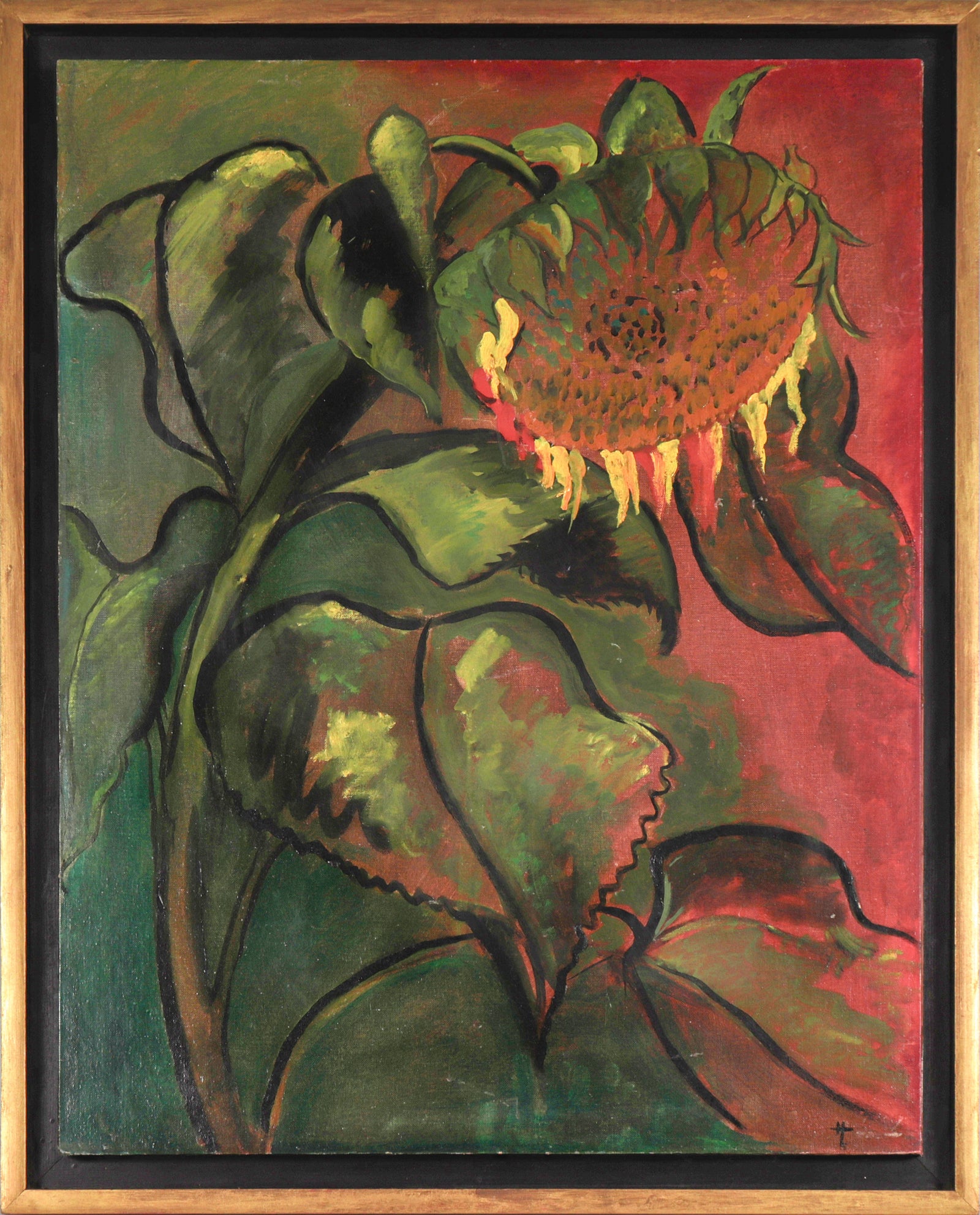 Moody Sunflower Still Life <br>20th Century Acrylic <br><br>#C6063