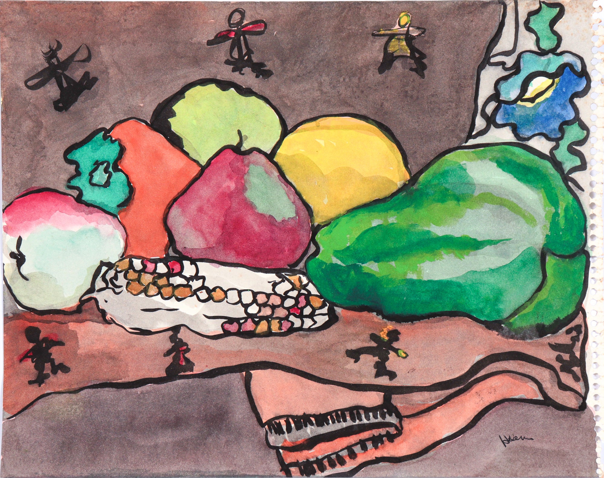 Bright Still Life with Fruits & Vegetables <br>20th Century Watercolor <br><br>#C6069