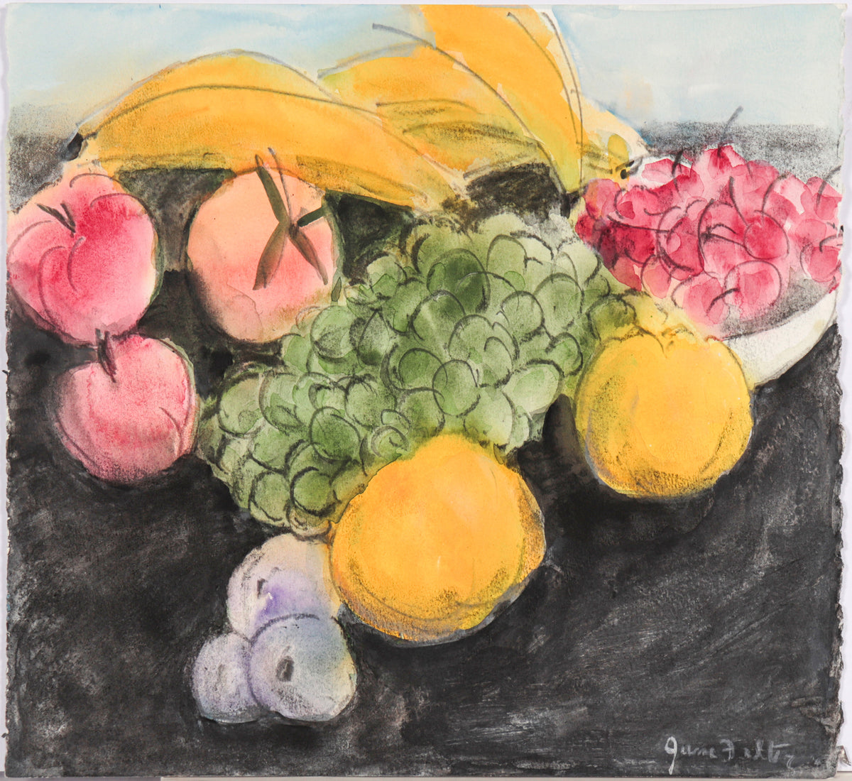 Juxtaposed Fruit Still-Life&lt;br&gt;Late 20th Century Watercolor &amp; Charcoal&lt;br&gt;&lt;br&gt;#C6176