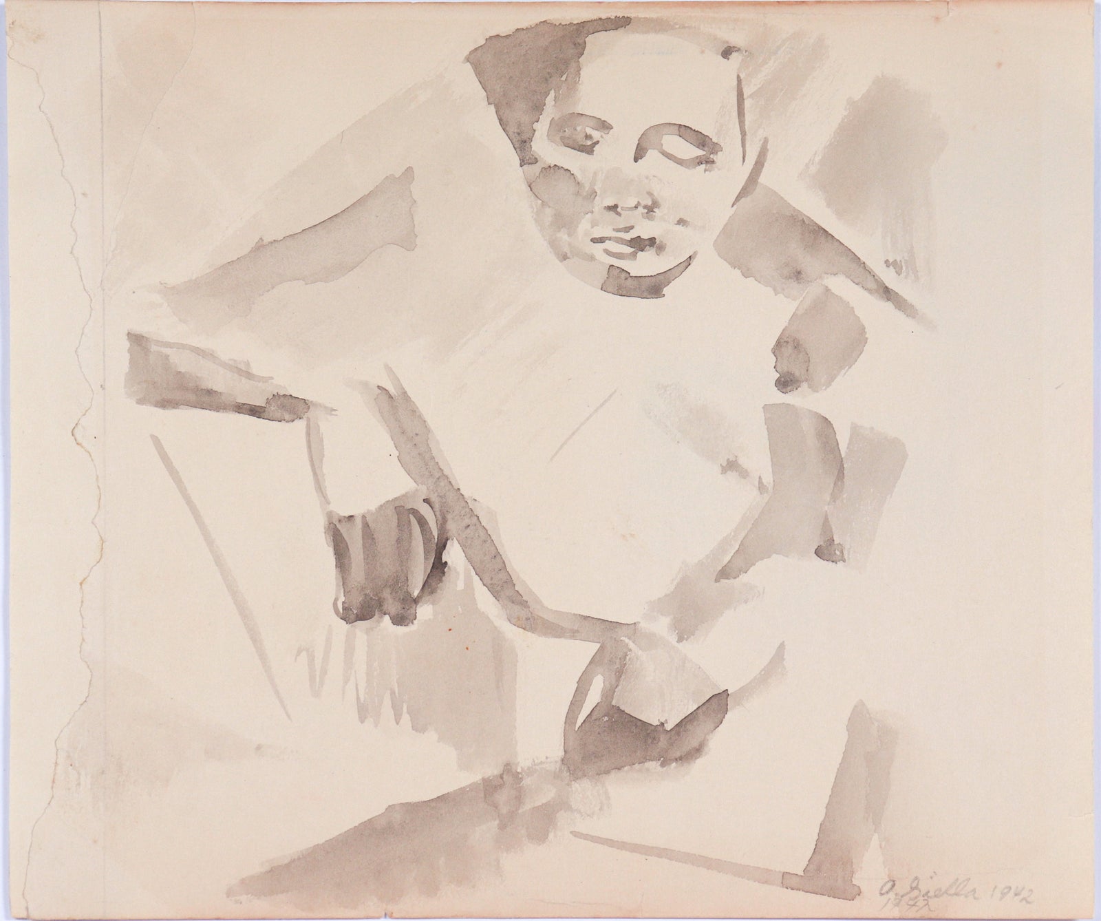 Minimal Seated Portrait <br>1942 Ink Wash<br><br>#C6210