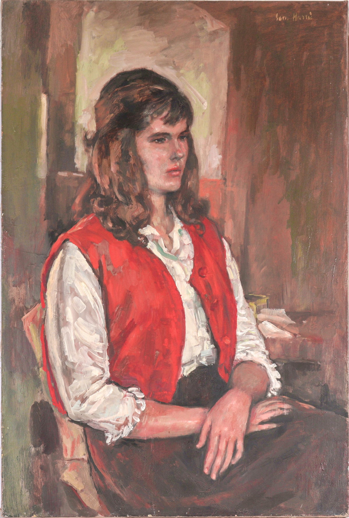 Seated Girl in Red Vest&lt;br&gt;20th Century Oil&lt;br&gt;&lt;br&gt;#C6228