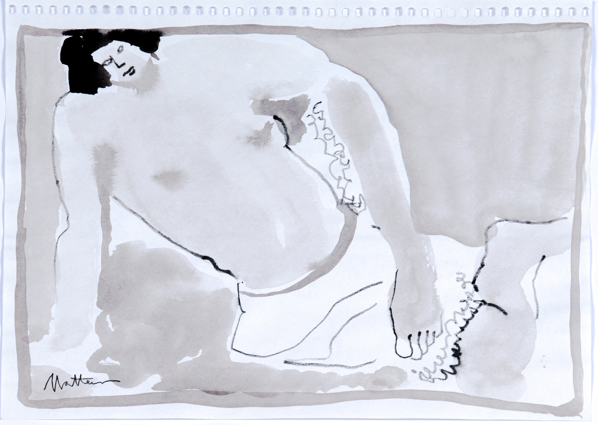 Monochromatic Reclining Figure<br>20th Century Ink Wash<br><br>#C6240