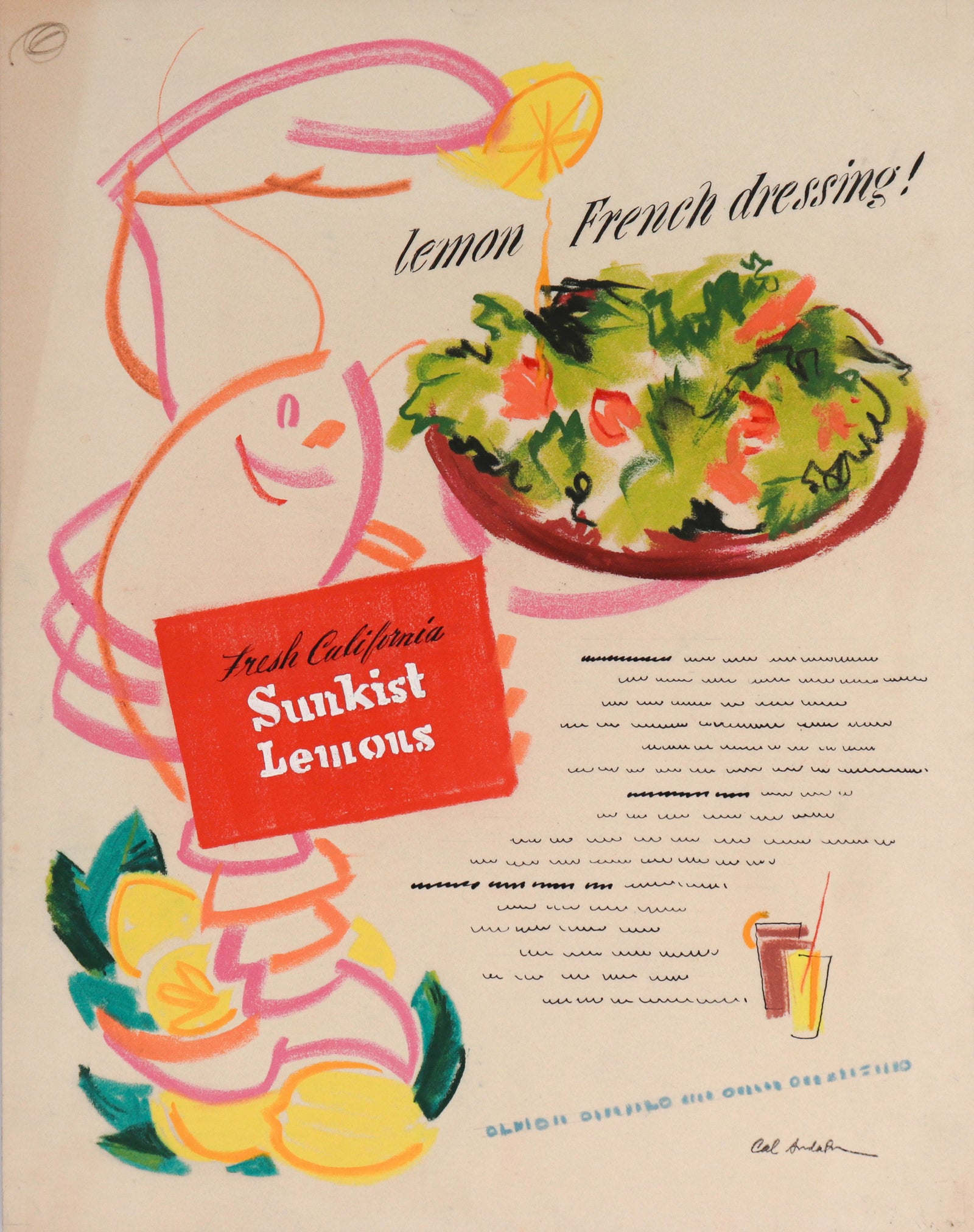 Vintage Sunkist Lemons Advertisement <br>1950-60s Pastel & Ink<br><br>#C6374