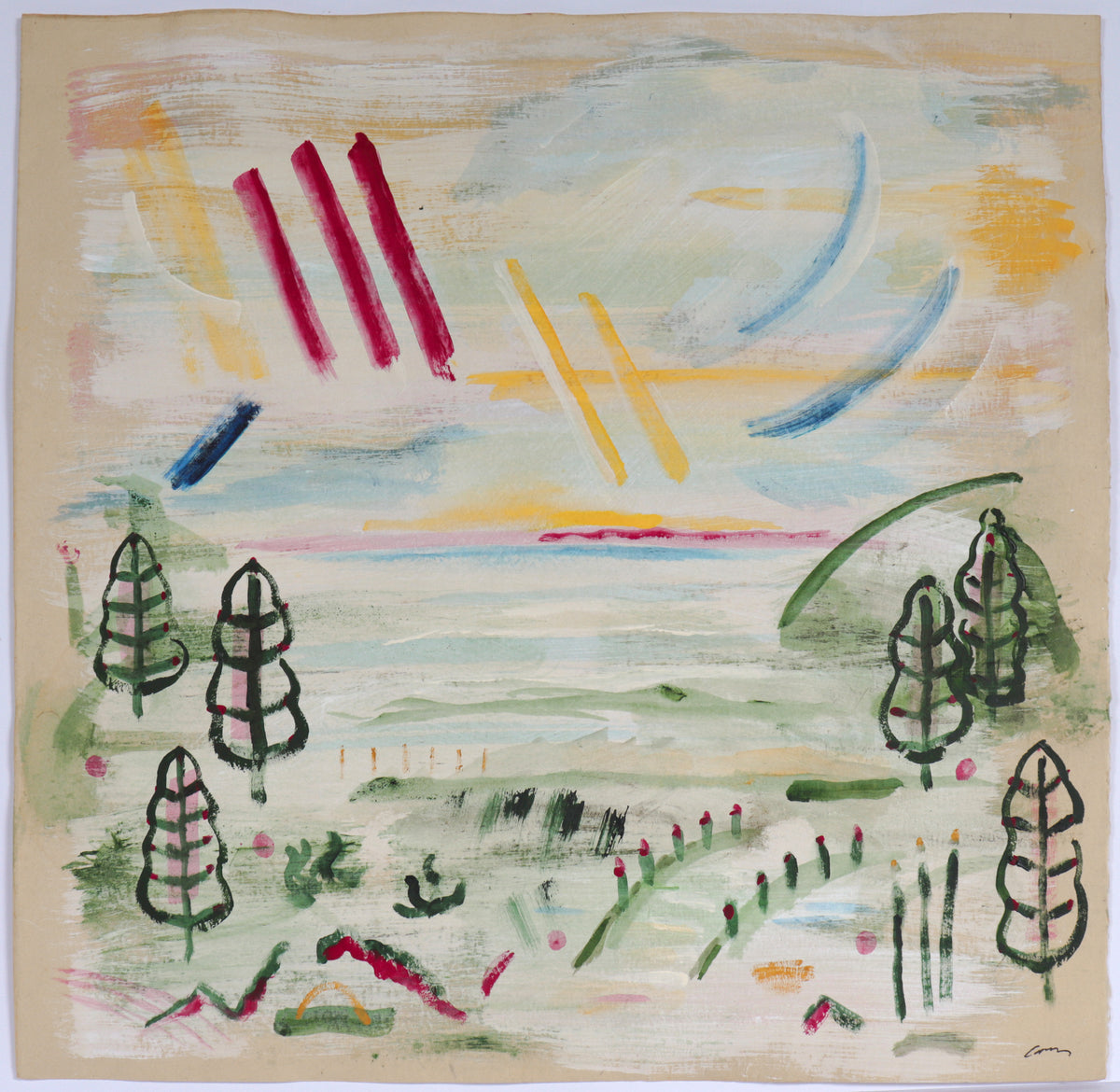 Lively Landscape with Sunrays <br>2016 Acrylic & Watercolor<br><br>#C6532