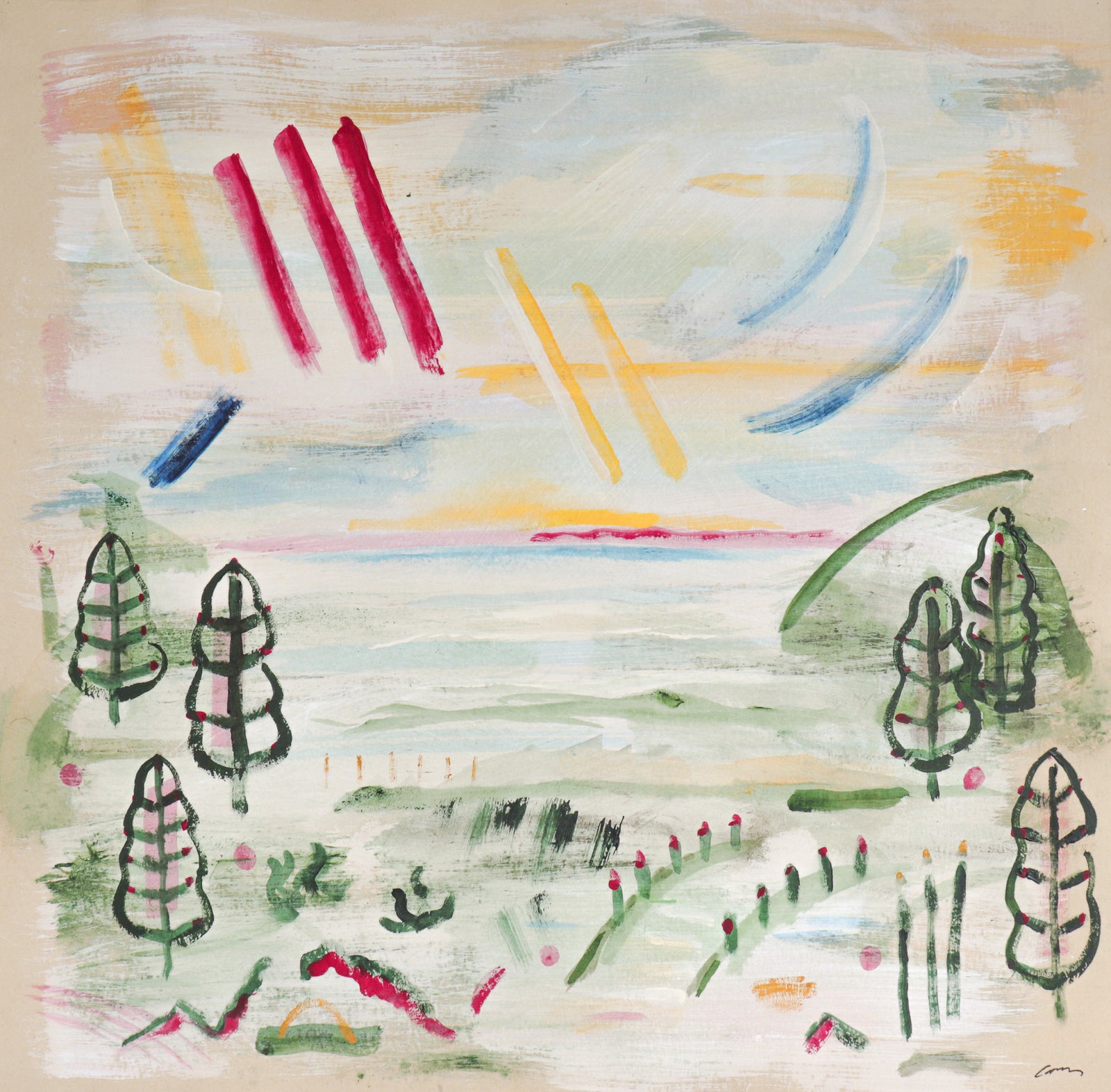 Lively Landscape with Sunrays <br>2016 Acrylic & Watercolor<br><br>#C6532