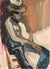 Seated Figure with Hat <br>Mid Century Distemper <br><Br>#C6549