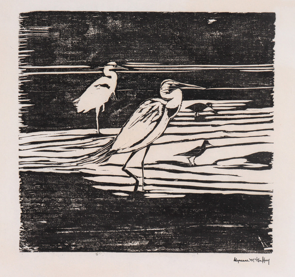 Egret Pair &lt;br&gt;Mid Century Woodblock &lt;br&gt;&lt;br&gt;#C6557