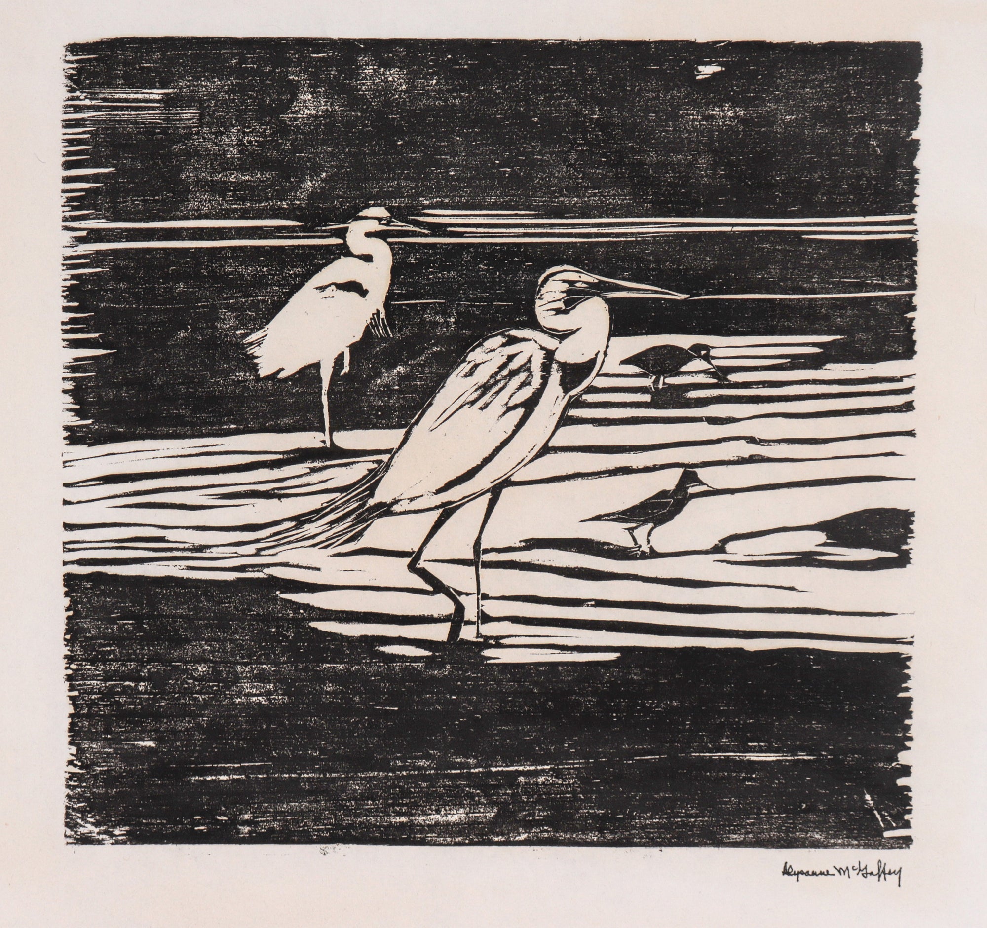 Egret Pair <br>Mid Century Woodblock <br><br>#C6557