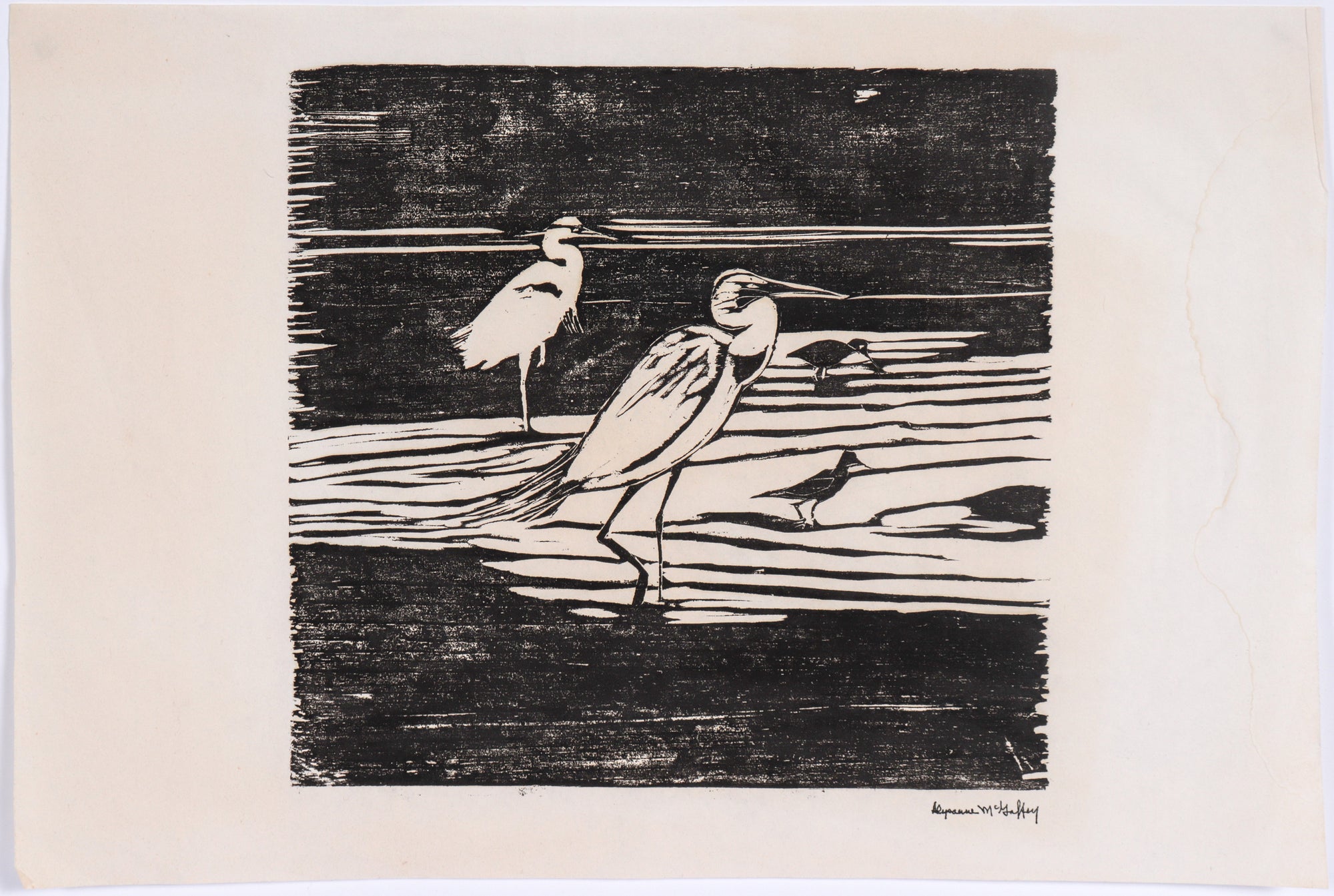 Egret Pair <br>Mid Century Woodblock <br><br>#C6557