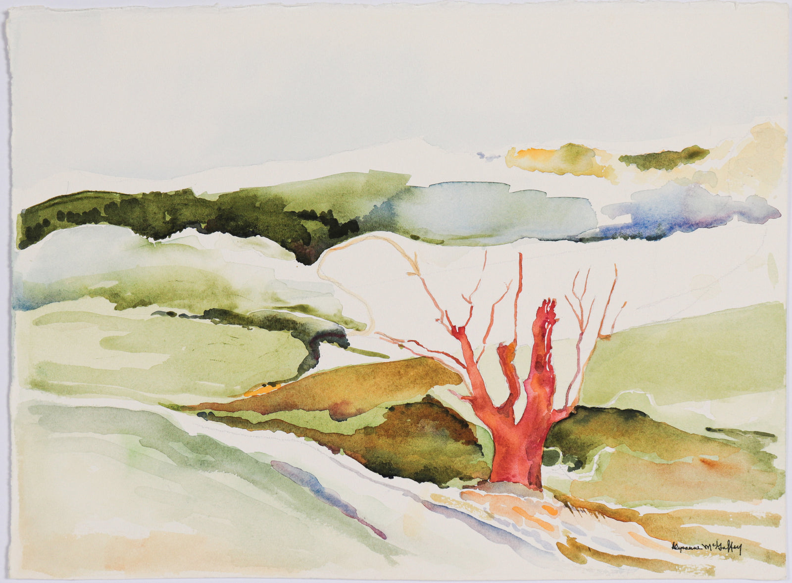 Minimalistic Warm Toned Landscape<br>Mid 20th Century Watercolor and Graphite<br><br>C6613