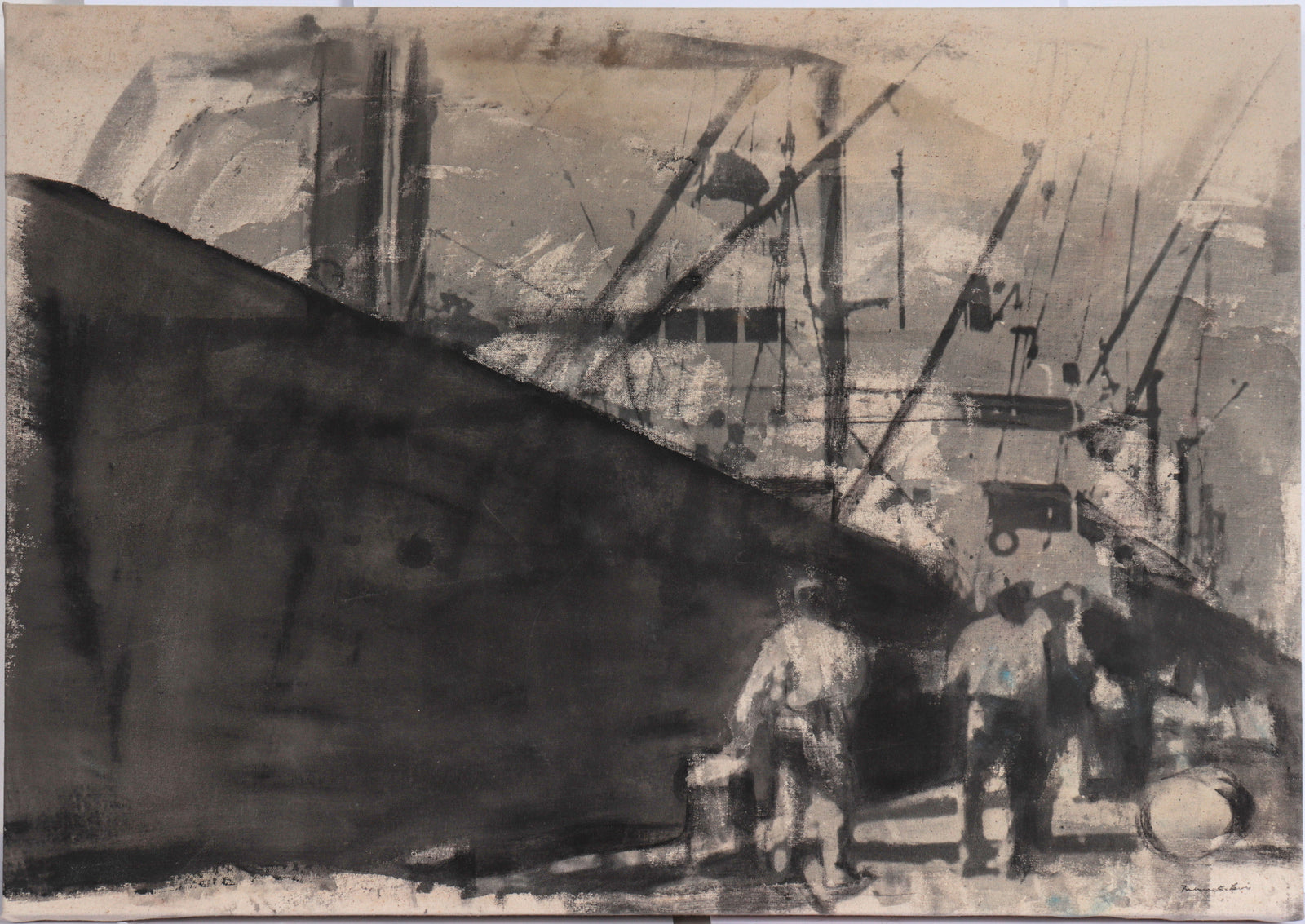 Monochromatic Ship Yard Scene <br>20th Century Photo Transfer on Canvas <br><br>#C6646