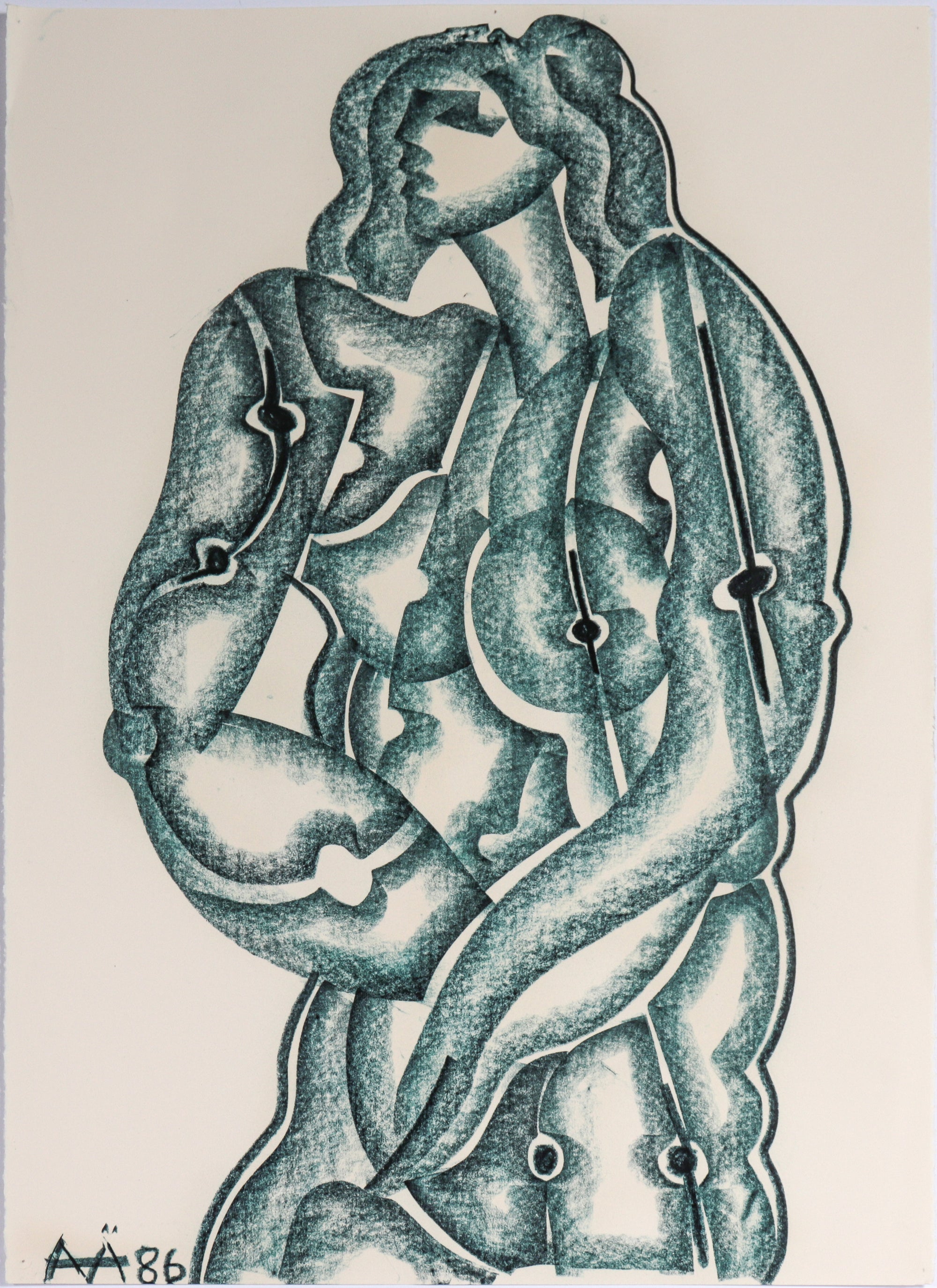 Cubist Female Figure in Blue<br>1986 Oil Pastel on Paper<br><br>C6698