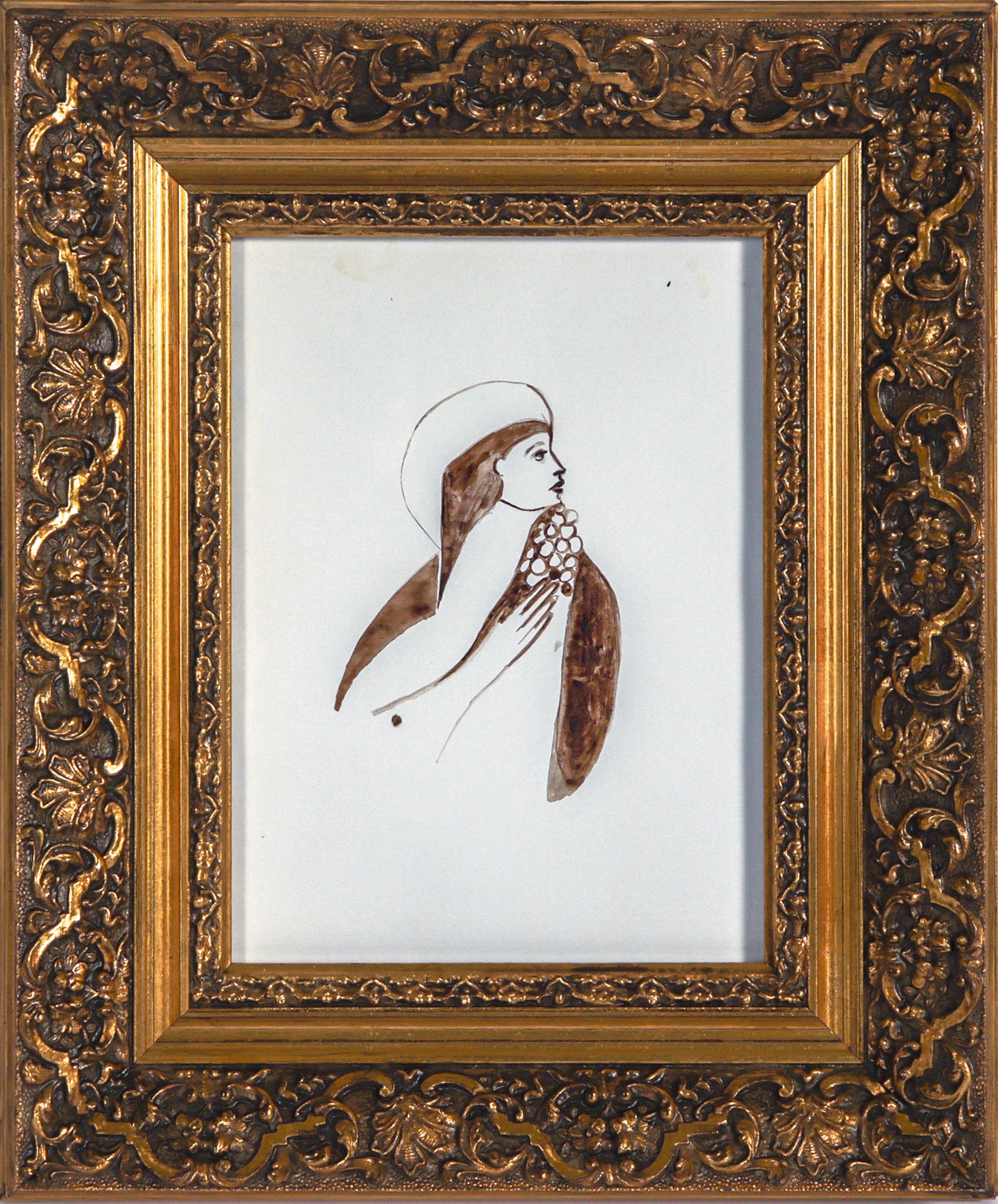 Pious Figure with Grapes <br>20th Century Watercolor <br><br>#C7024