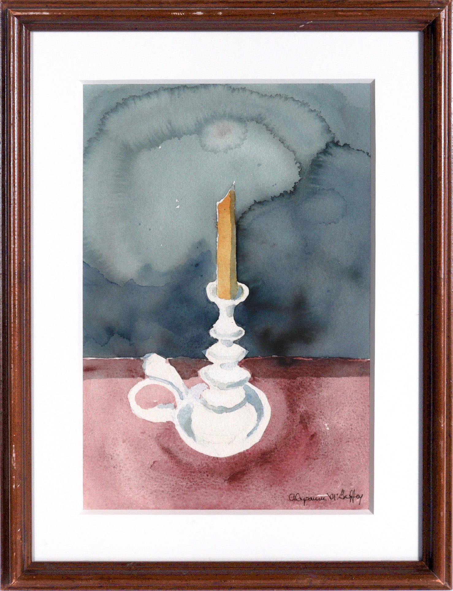Muted Blue & Red Still Life with Chamberstick<br>20th Century <br><br>#C7030
