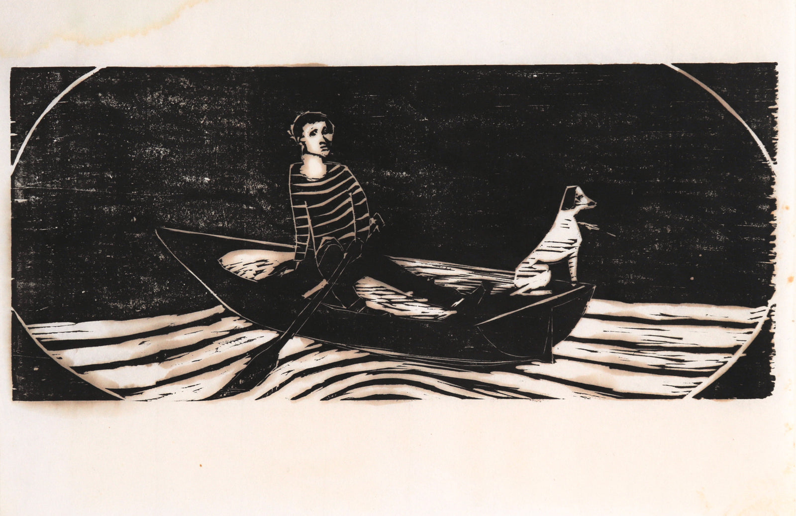 Charming Nautical Scene with Dog <br>Mid Century Woodblock <br><br>#C7312