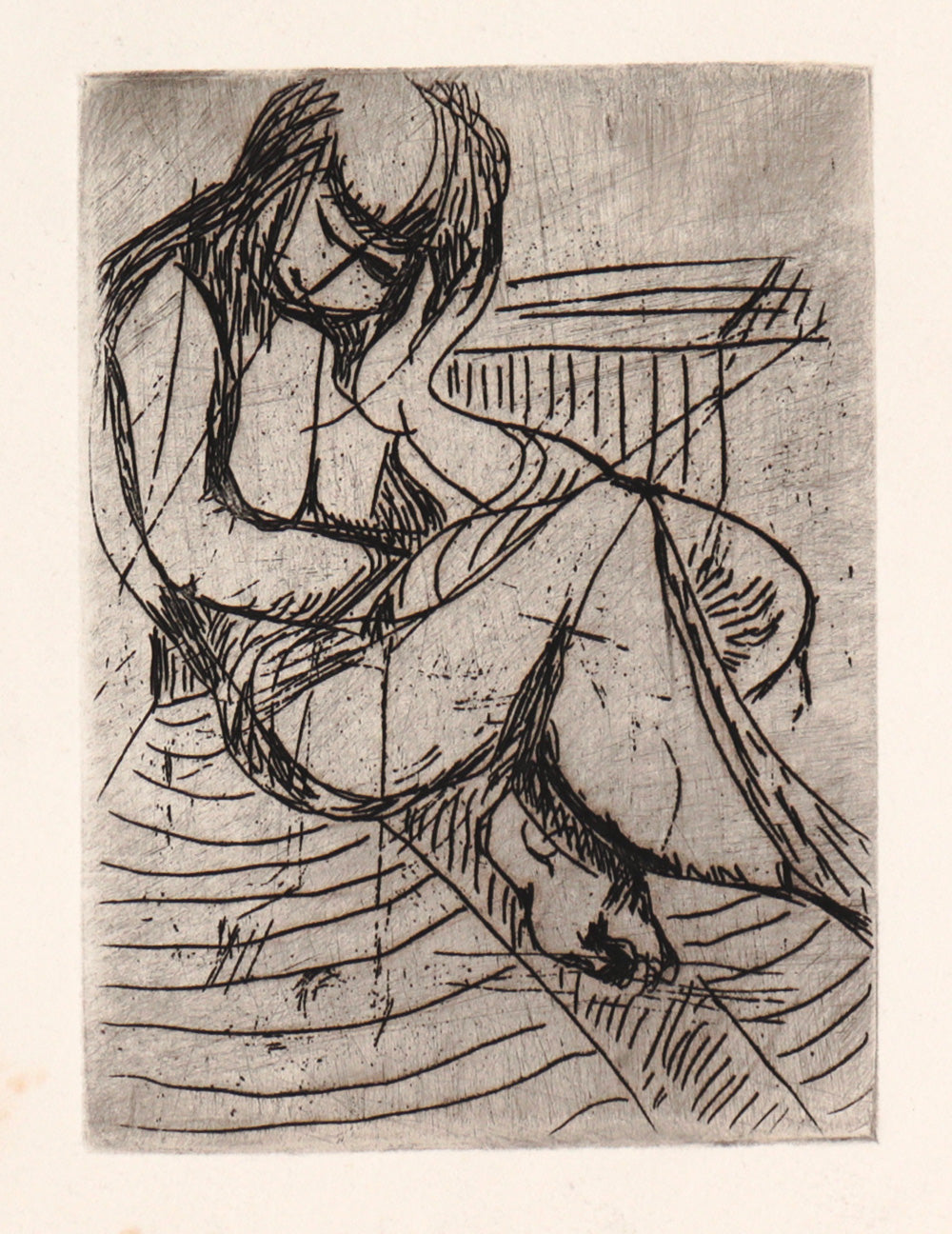 Melancholic Femme <br>20th Century Etching <br><br>#C7318