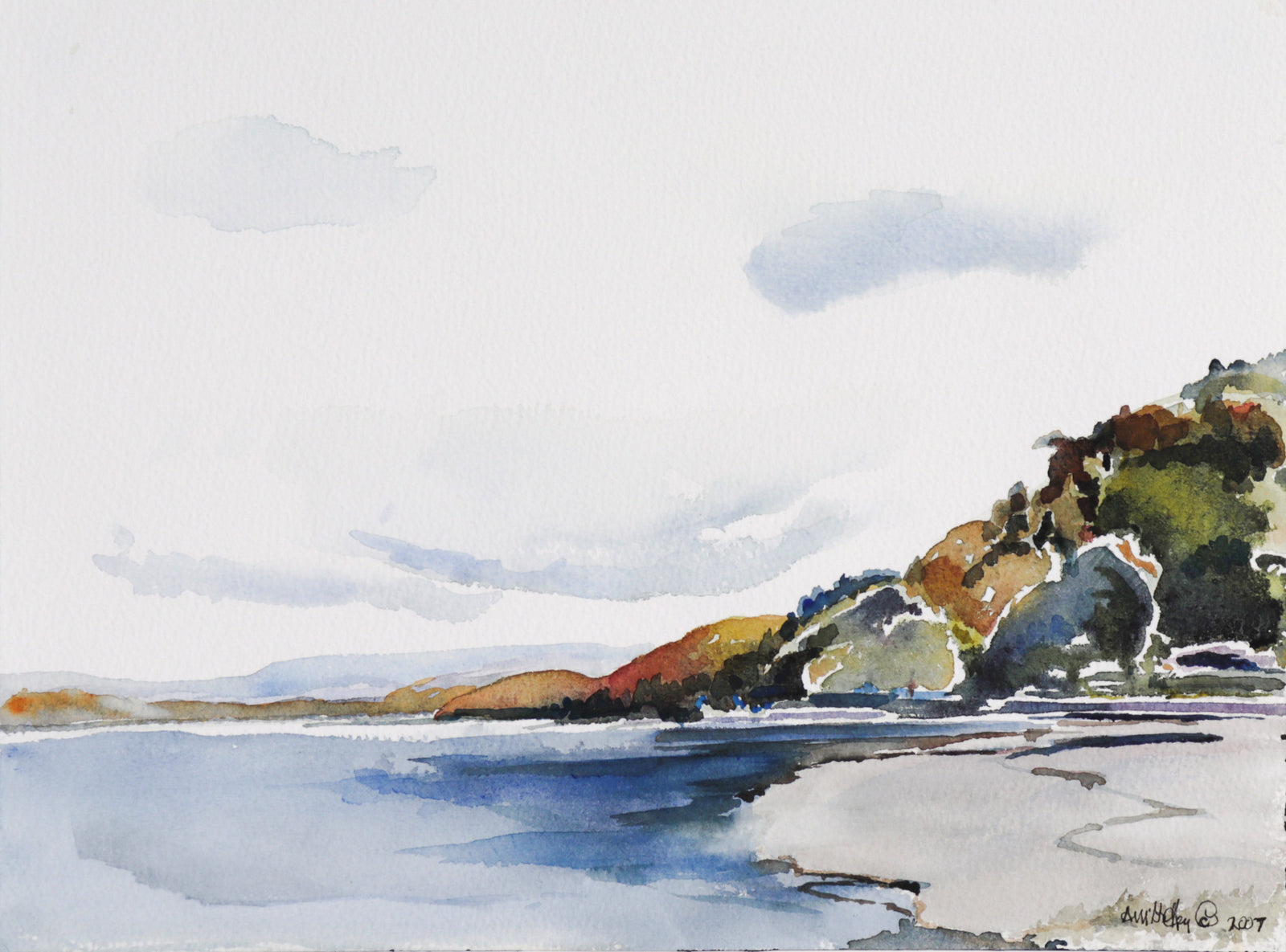 Colorful Hillside View Seascape <br>2007 Watercolor <br><br>#C7374