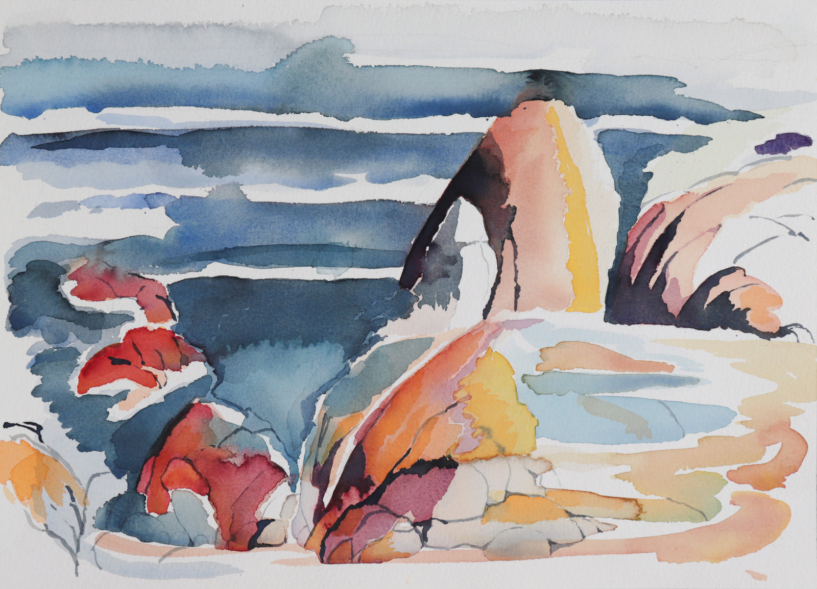 Abstracted Colorful Rocky Seascape <br>Late 20th Century-Early 21st Century Watercolor <br><br>#C7391