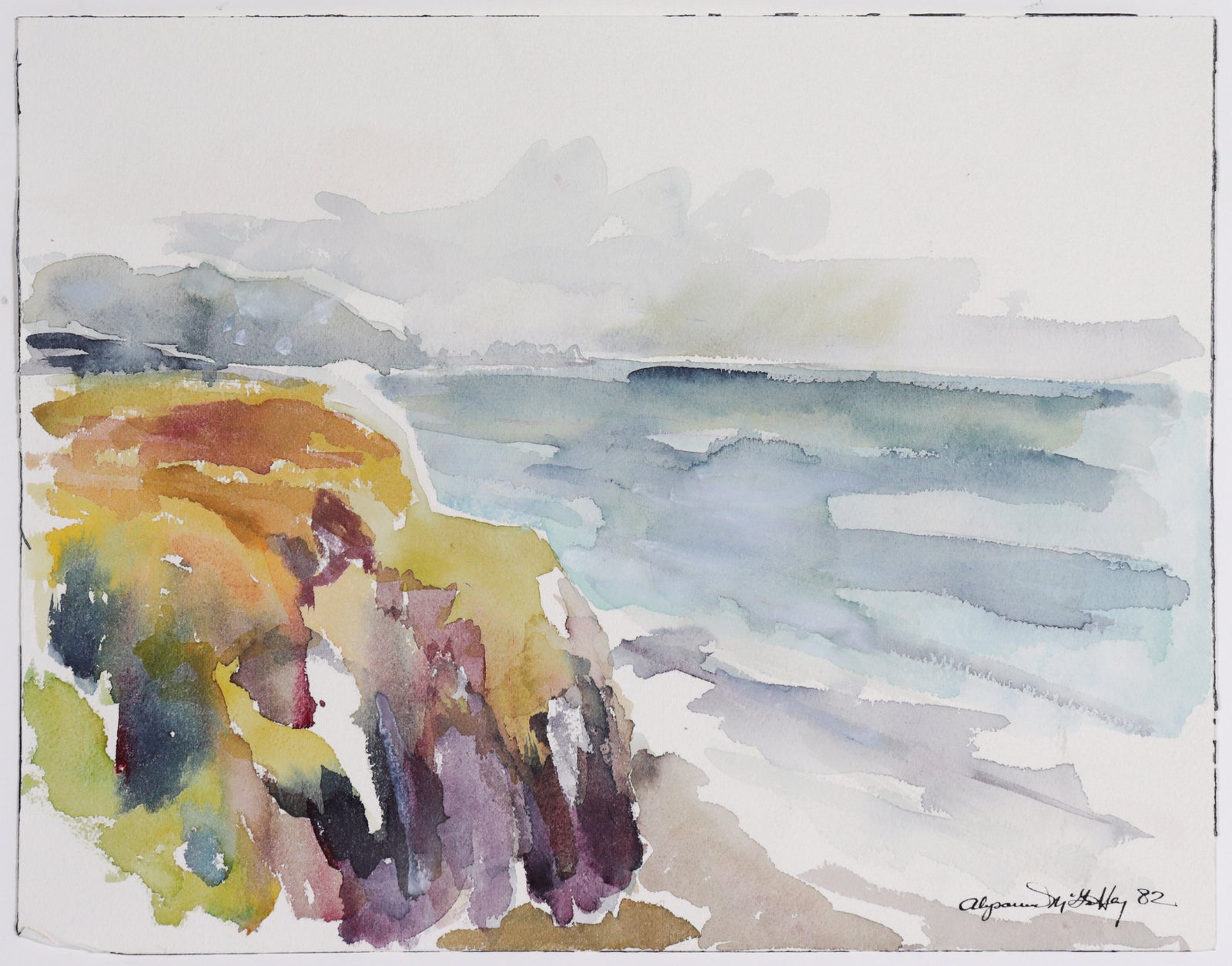 Purple and Orange Hued Cliffs Seascape <br>1982 Watercolor <br><br>#C7395