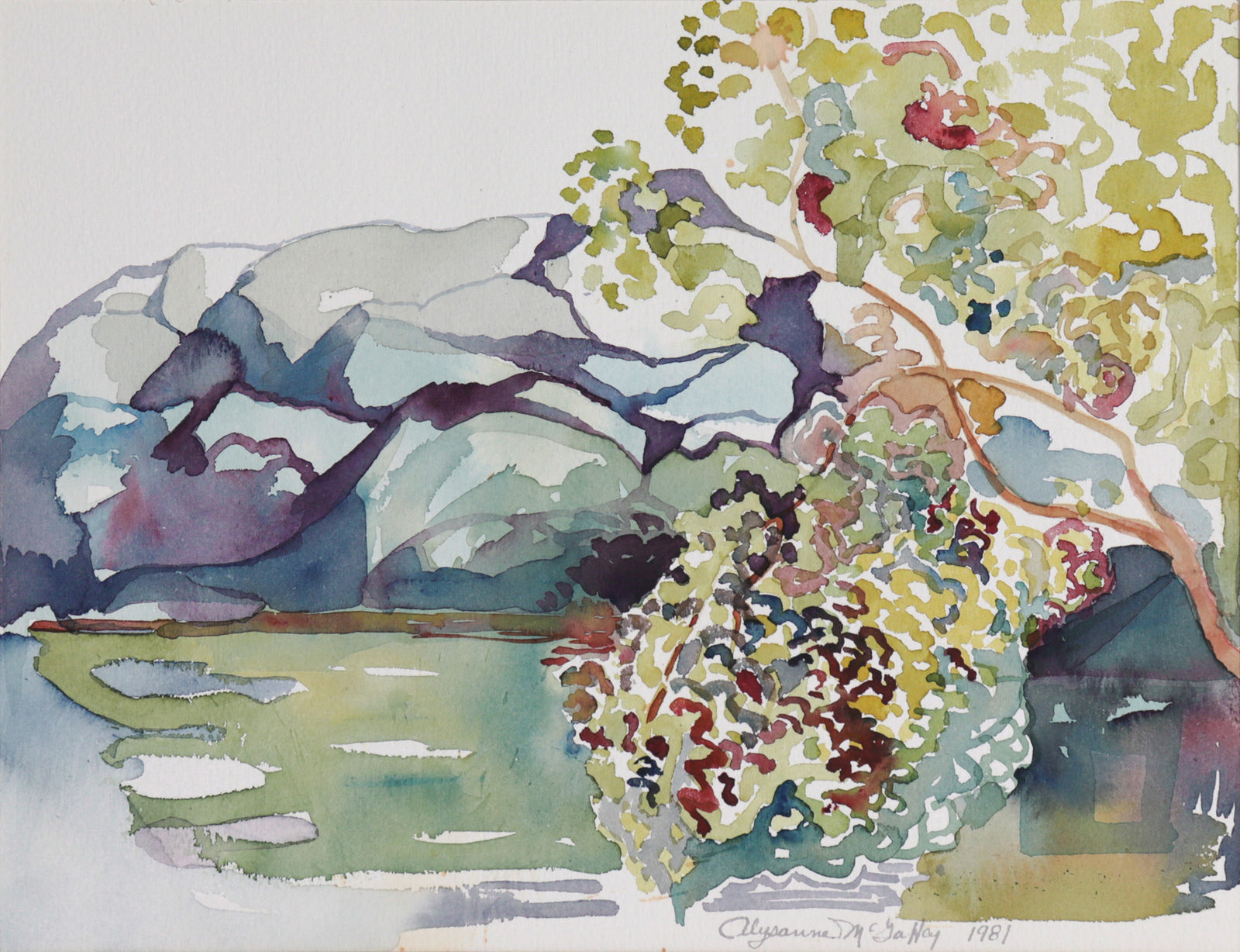 Ethereal Tree Over Water Scene <br>1981 watercolor <br><br>#C7399