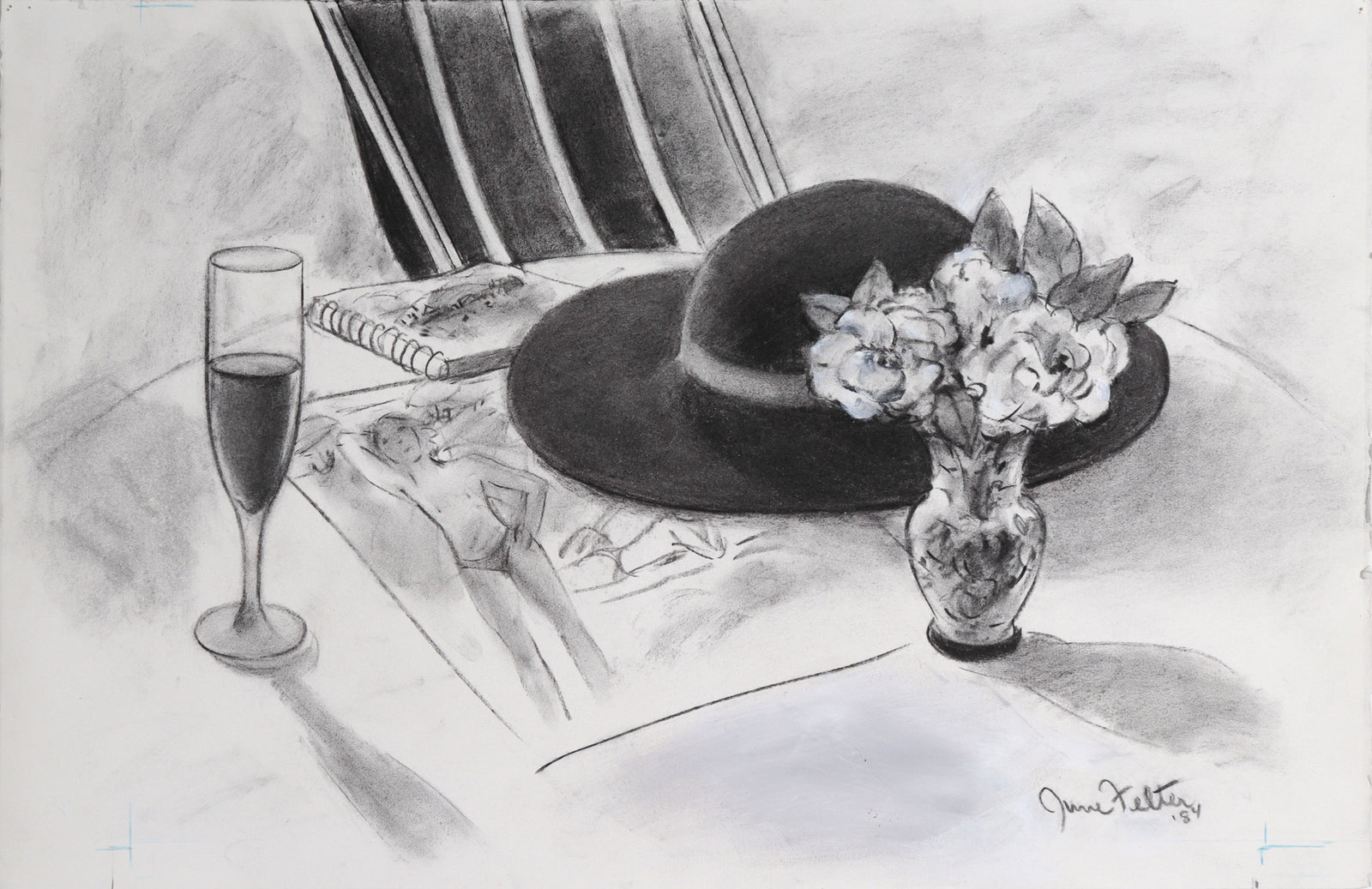 Charming Vacation Still Life <br>1984 Charcoal & Oil <br><br>#C7493