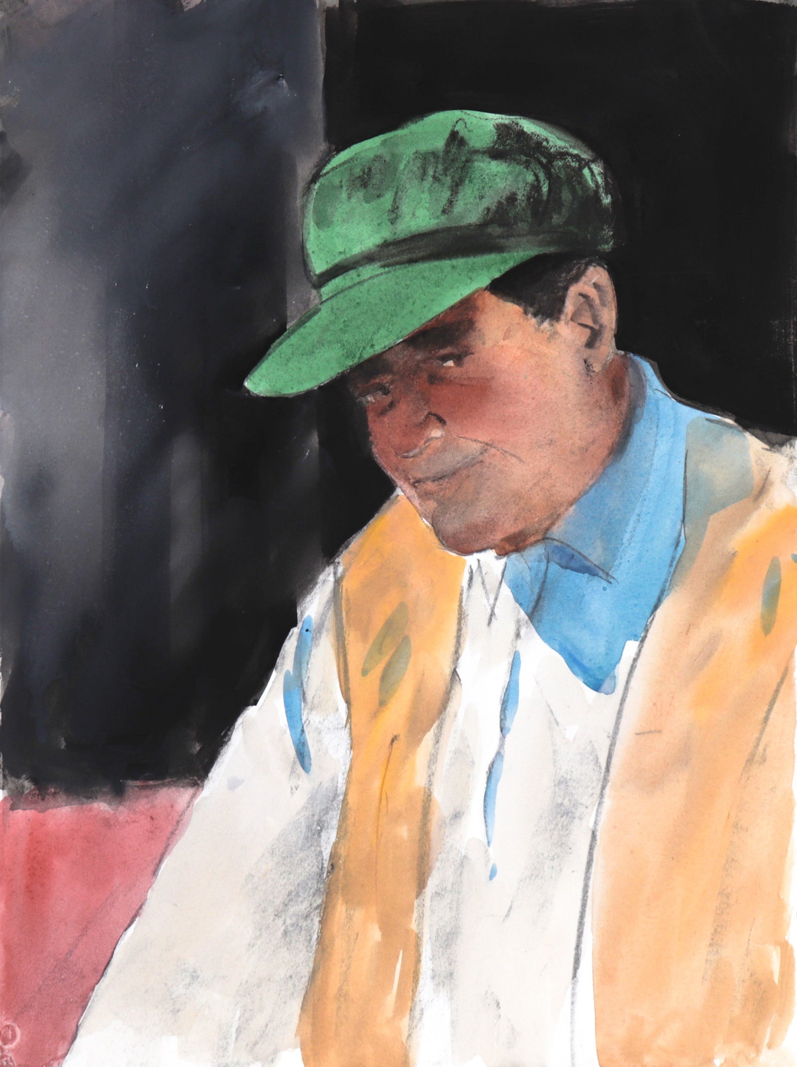 Green Hat Man Stealing a Glance <br>Late 20th Century Watercolor & Charcoal <br><br>#C7502