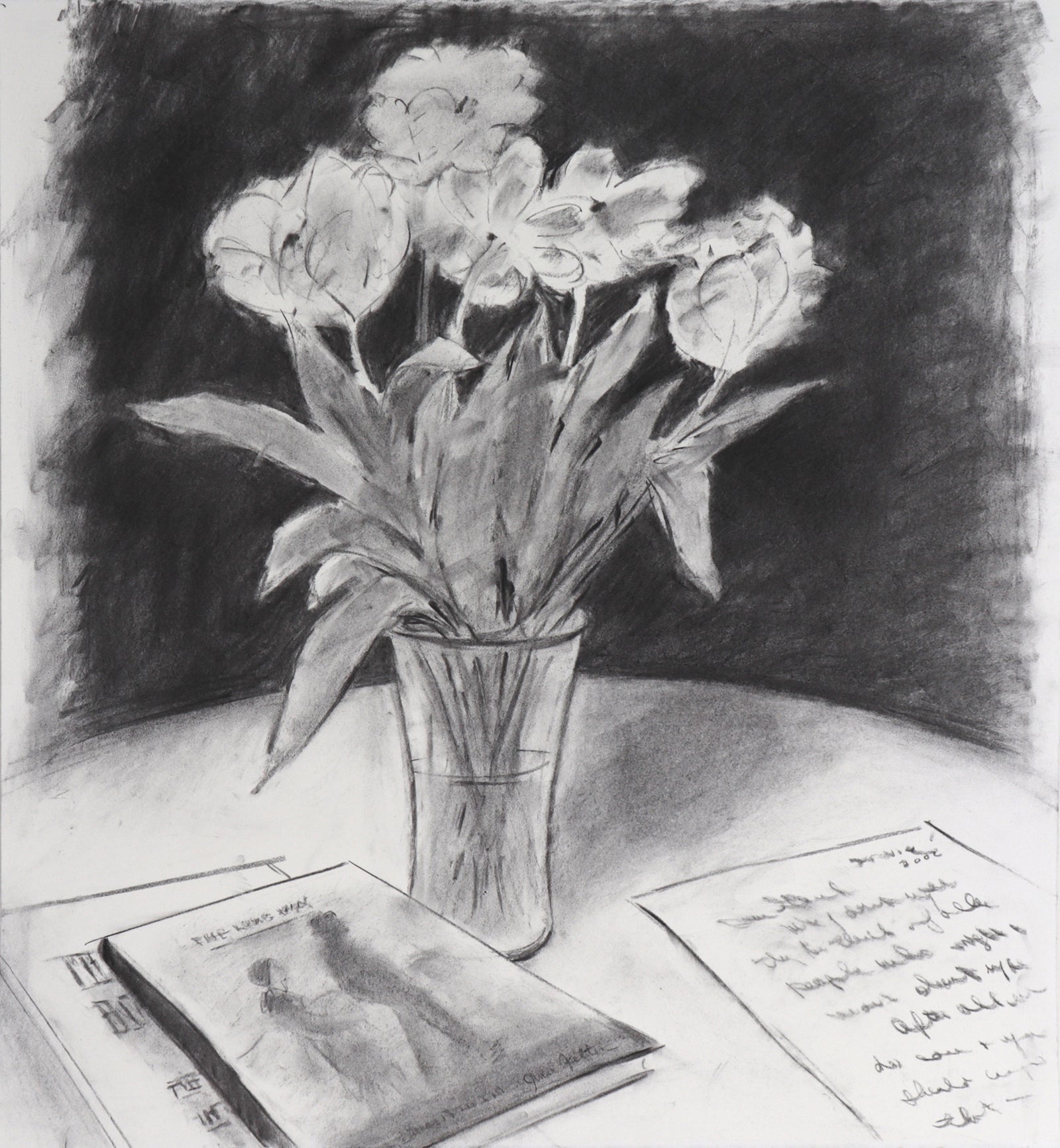 Flowers and Sketchbook Still Life <br>2002 Charcoal <br><br>#C7522