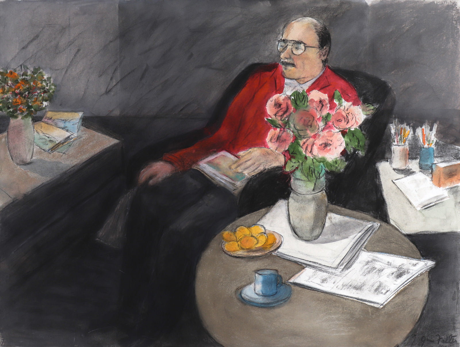 Ruminative Man in Arm Chair/Muted Rolling Hillside Landscape <br>2005 Watercolor & Charcoal <br><br>#C7540