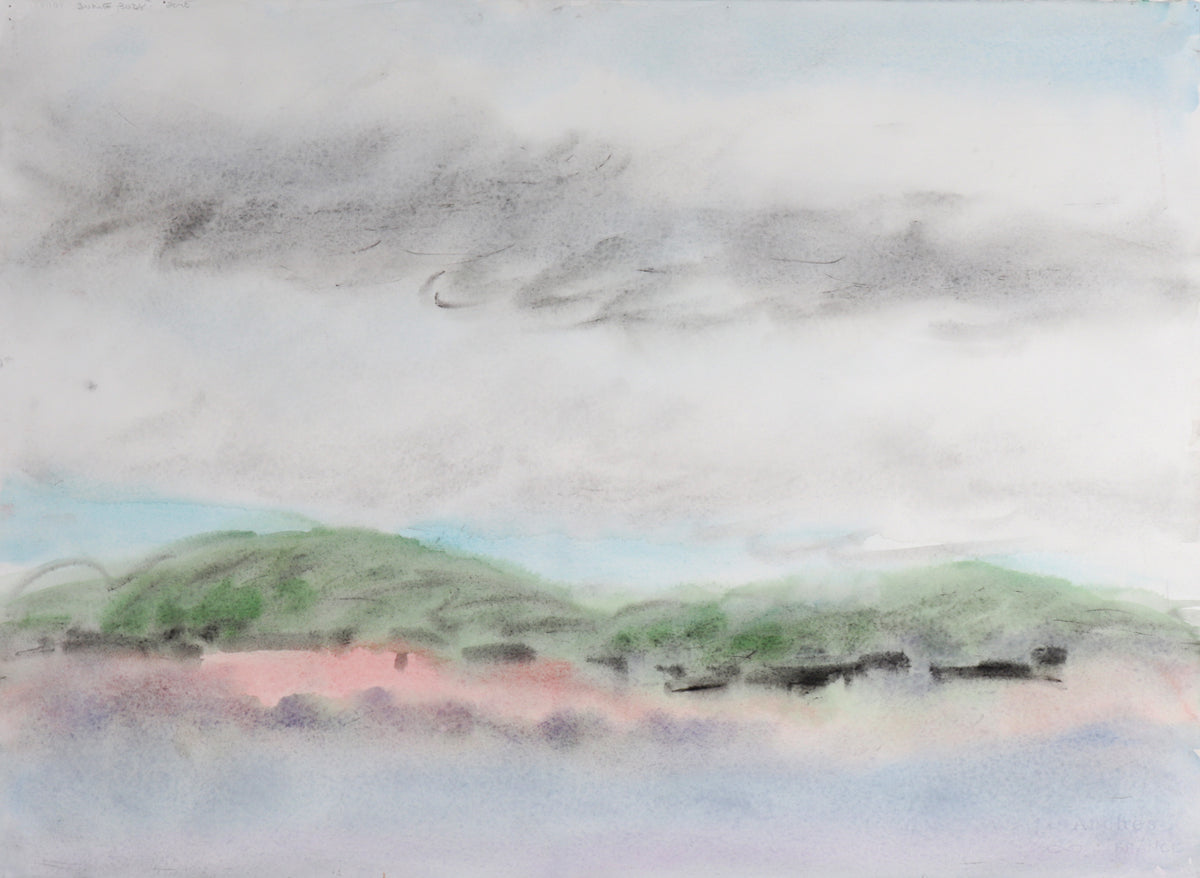Ruminative Man in Arm Chair/Muted Rolling Hillside Landscape <br>2005 Watercolor & Charcoal <br><br>#C7540
