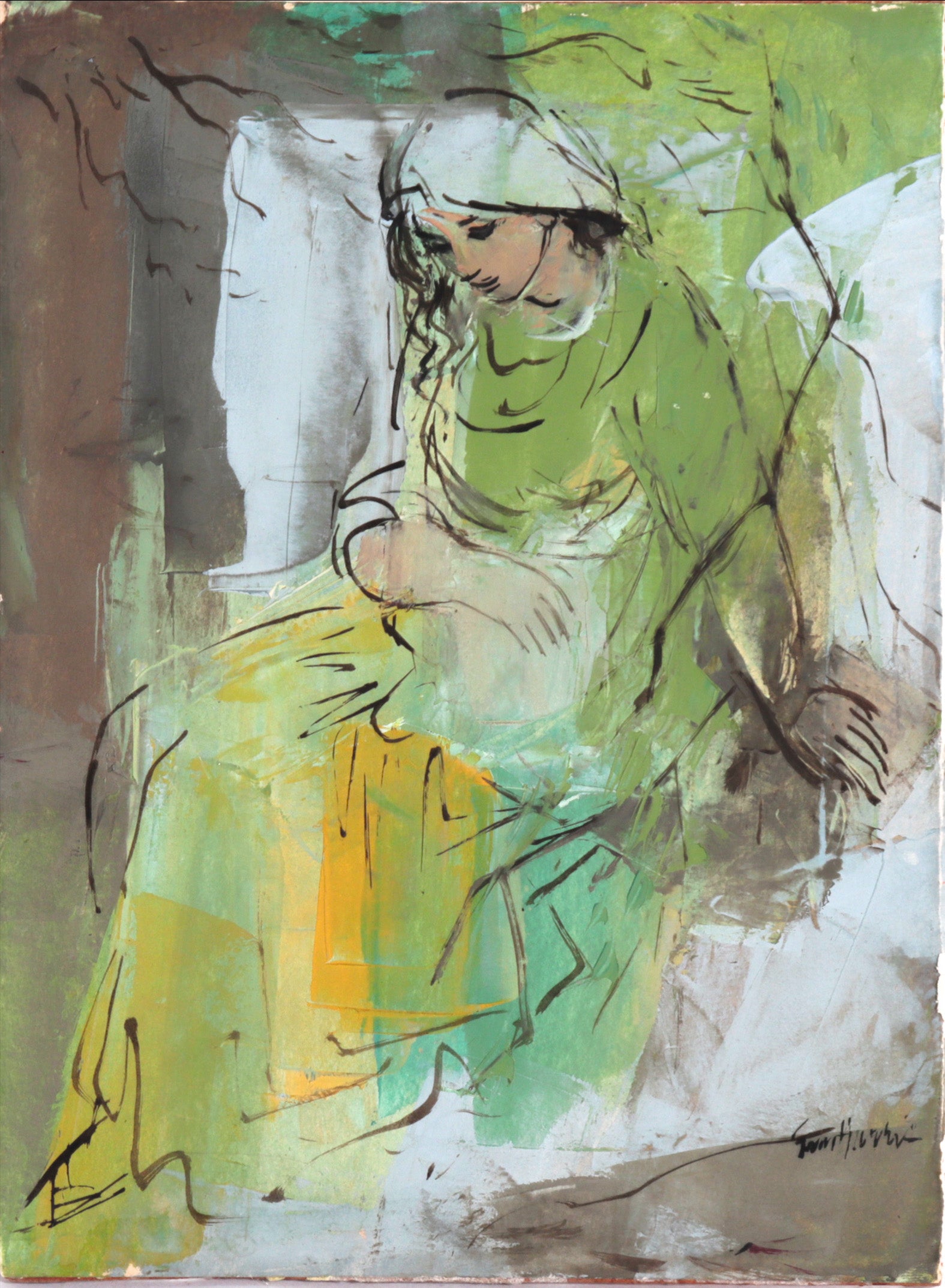 Contemplative Woman in Green <br>20th Century Oil <br><br>#C7553