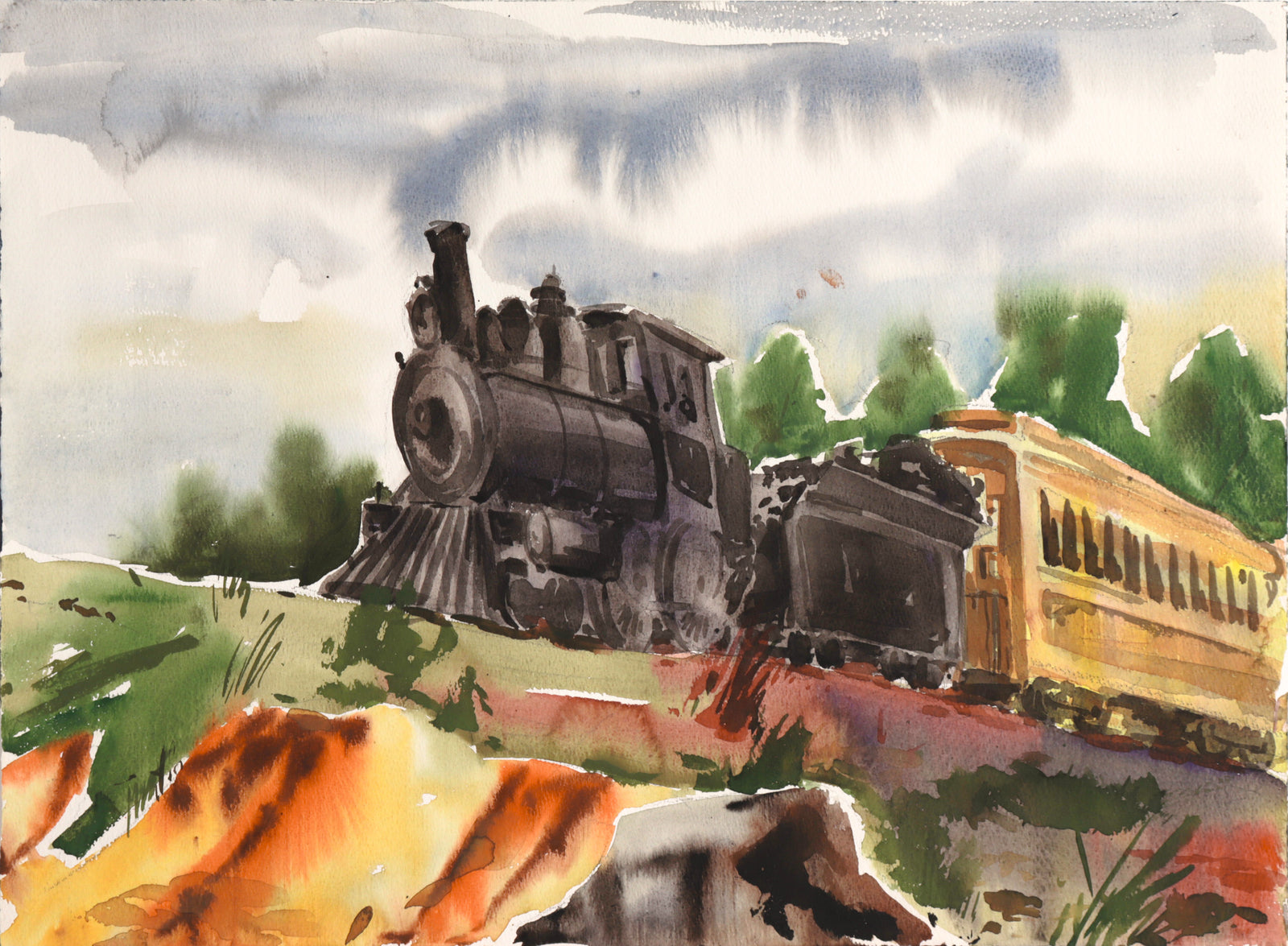 50s Steam Engine Scene <br>Mid-Late 20th Century Watercolor <br><br>#C7577