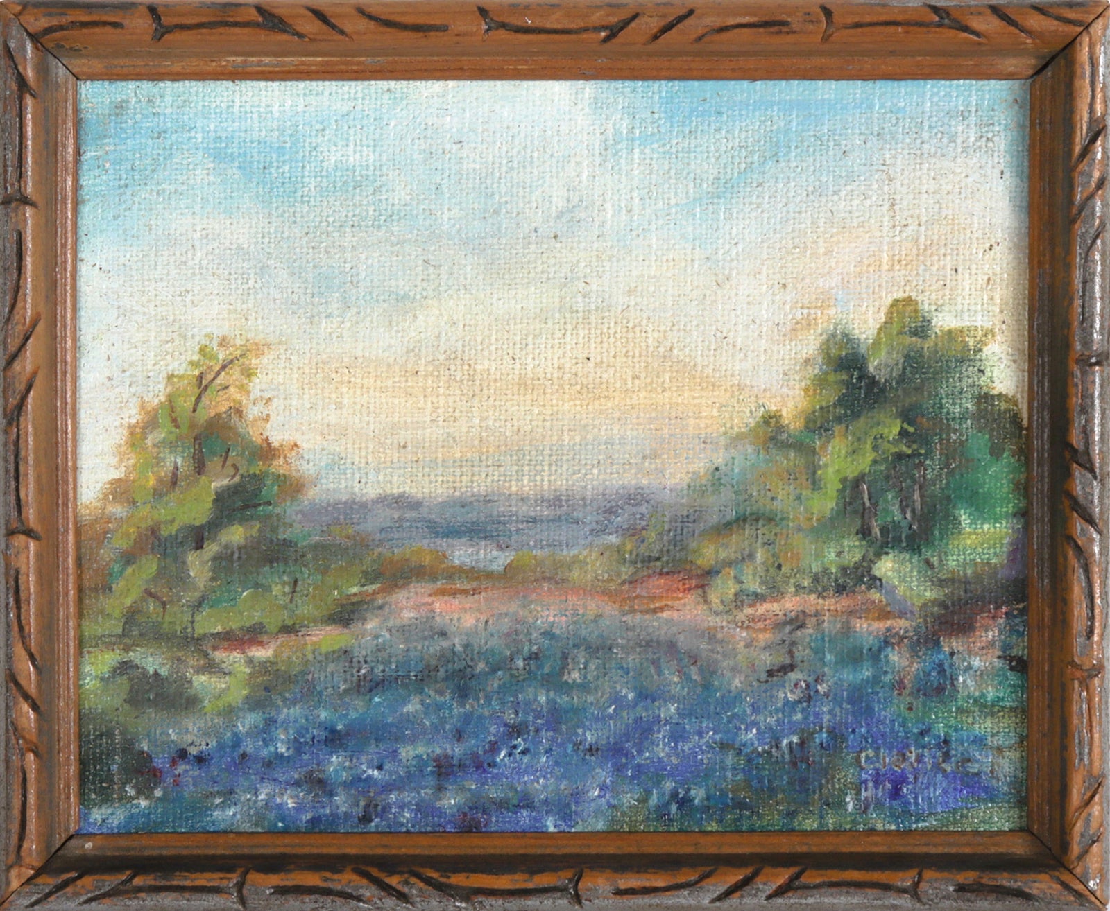 Spring Lupine Meadow Scene <br>Mid 20th Century Oil <br><br>#C7587