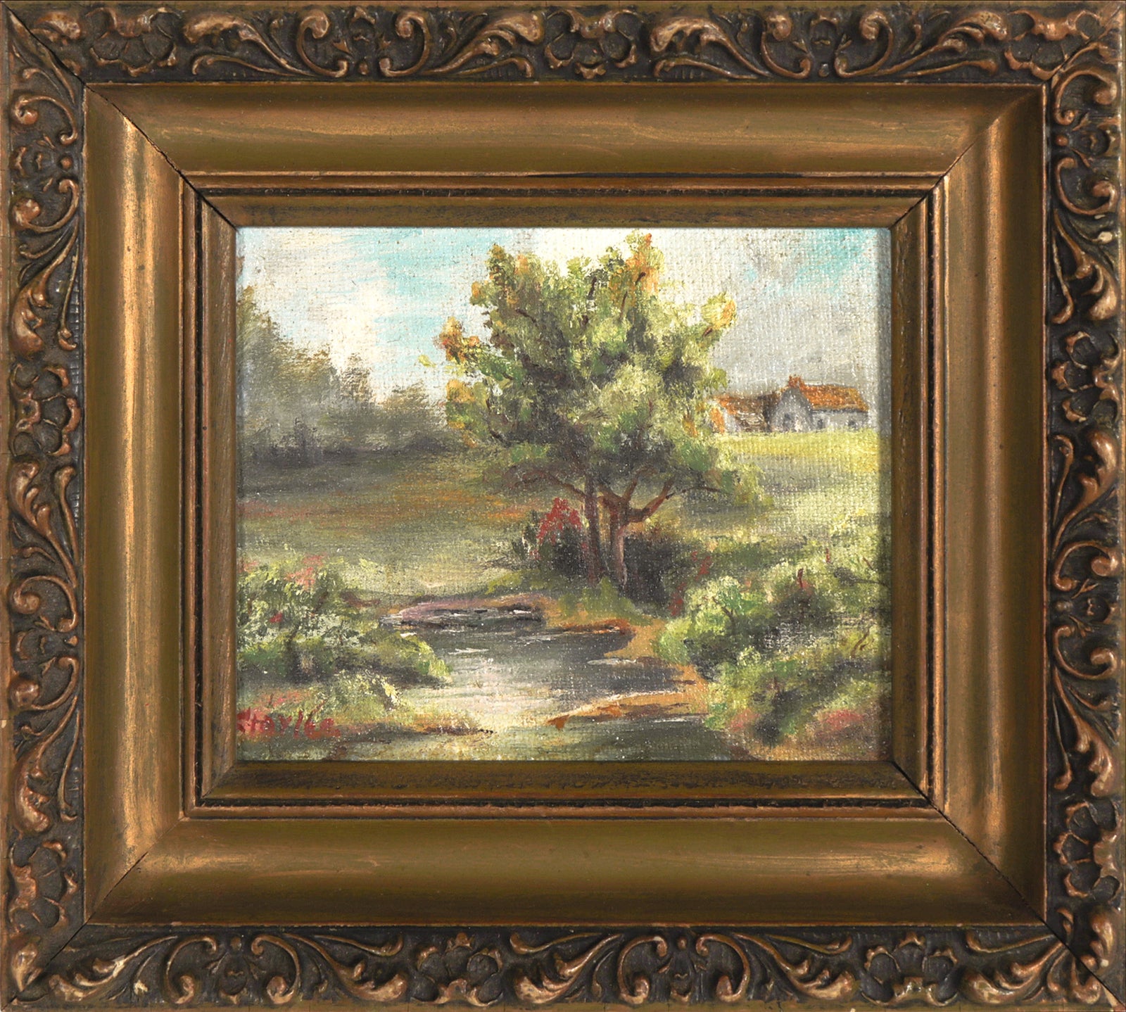 Peaceful Green Creekside Landscape <br>Mid 20th Century Oil <br><br>#C7601