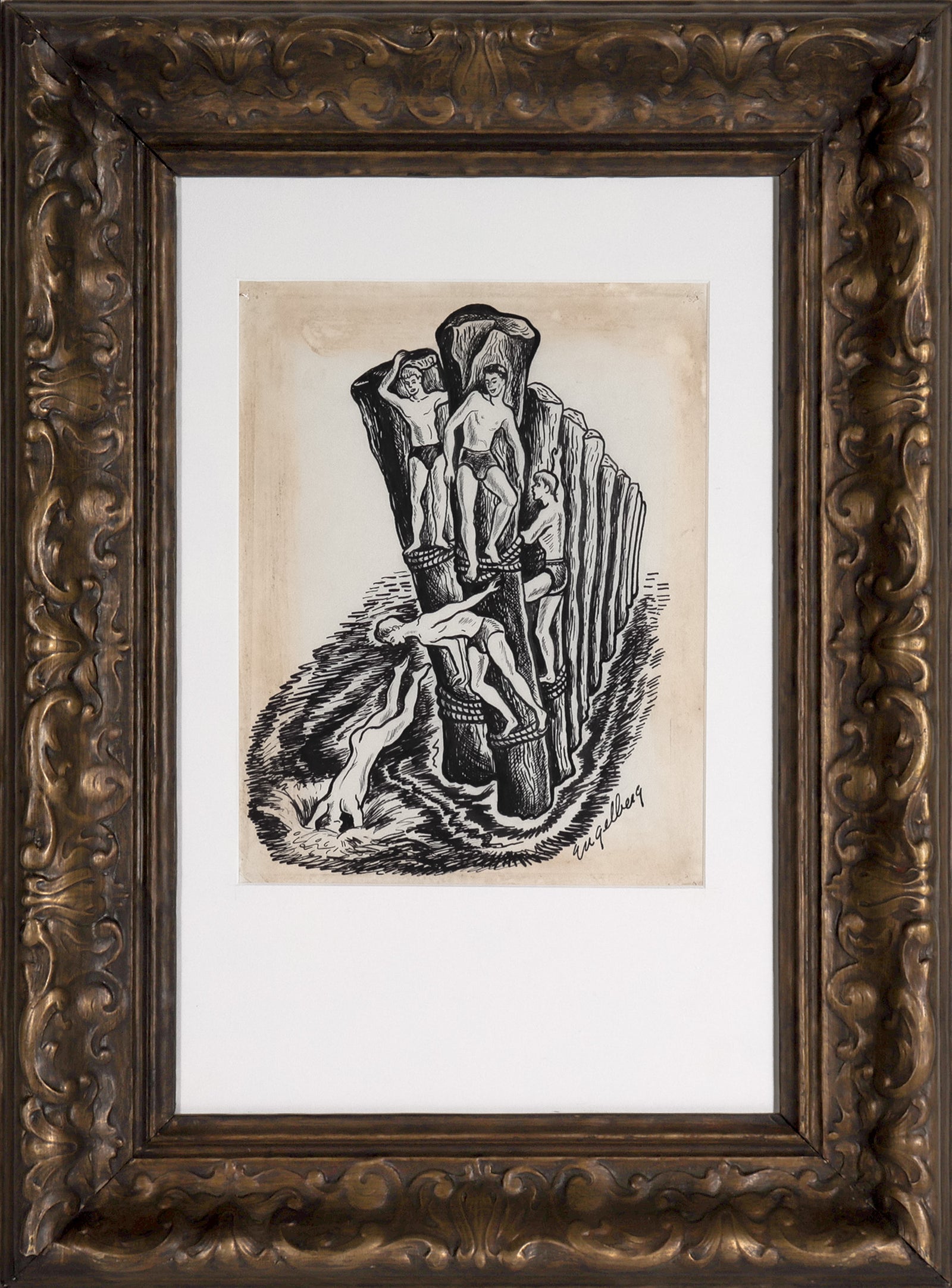 Diving Boys New Yorker Illustration <br>1930's Ink <br><br>#C7700