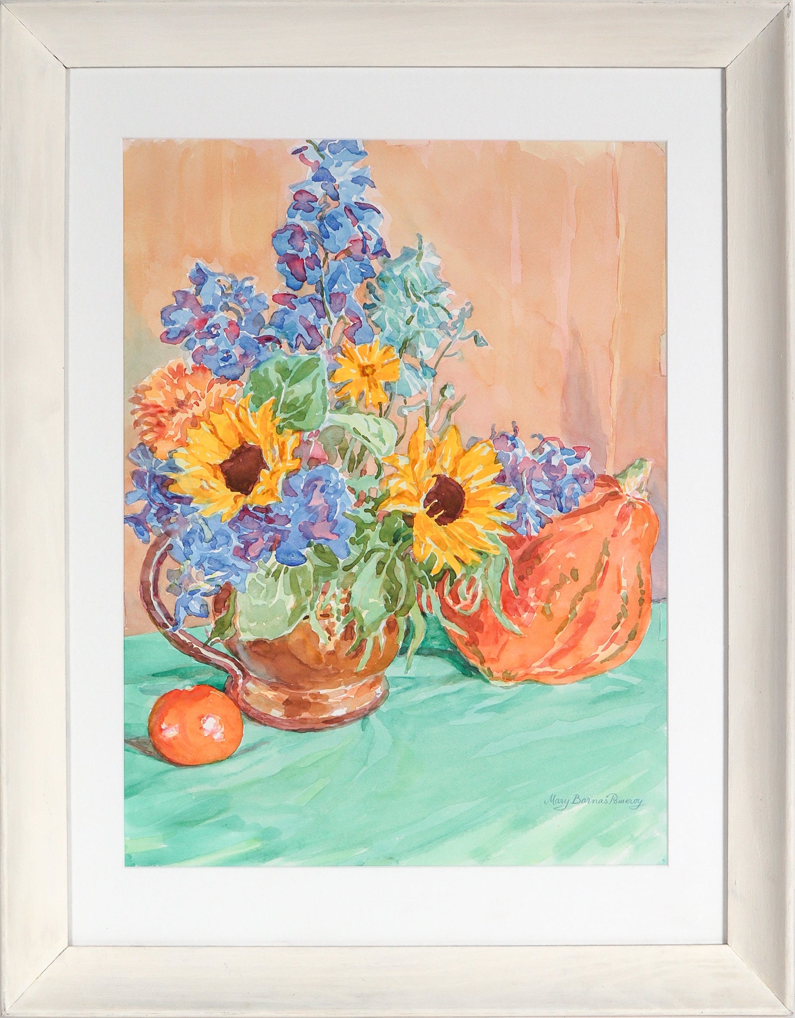Bright Floral Still Life with Gourd and Tangerine <br>1980s Watercolor <br><br>#C7909