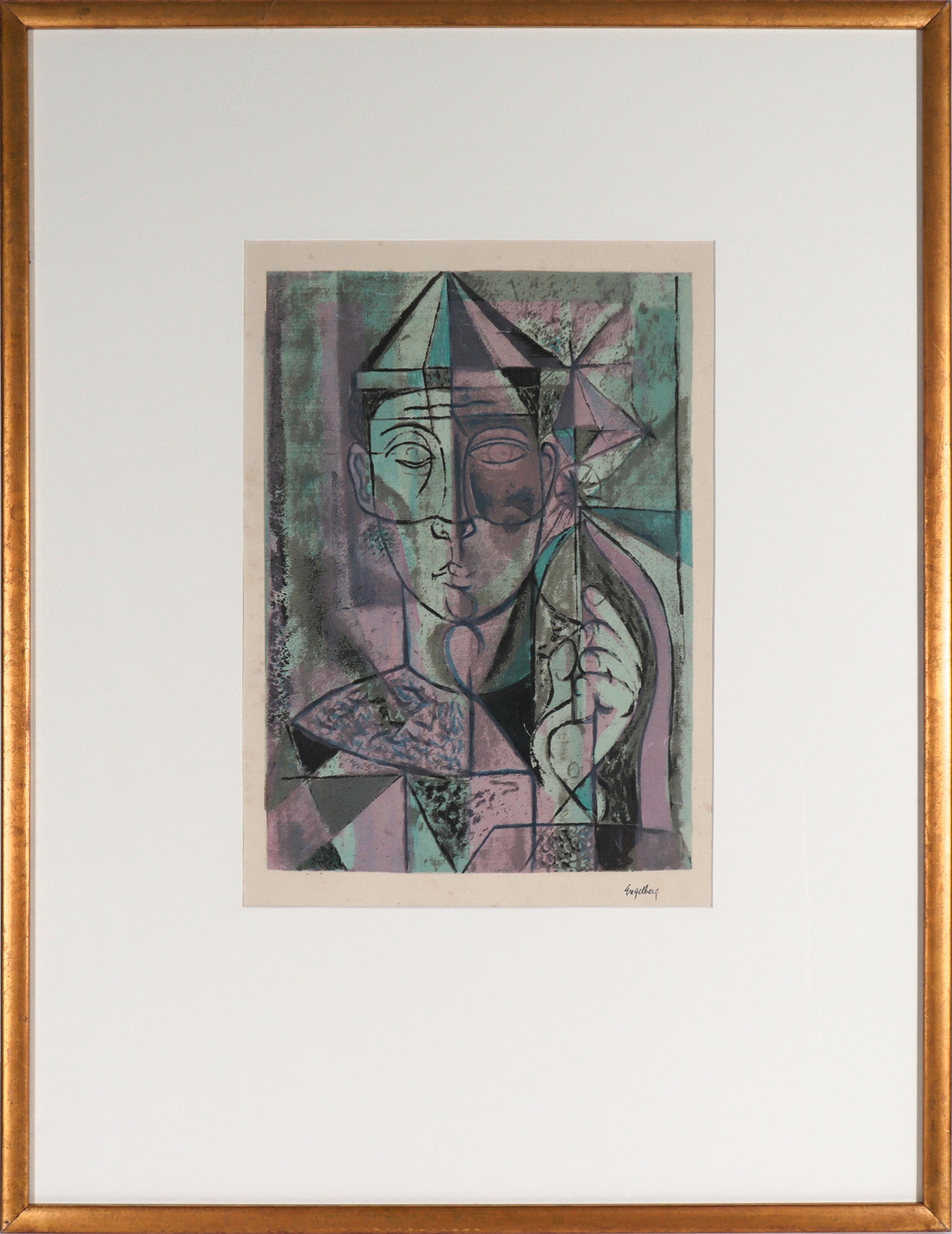 Green Abstracted Geometric Harlequin<br>1930's Lithograph <br><br>#C7953