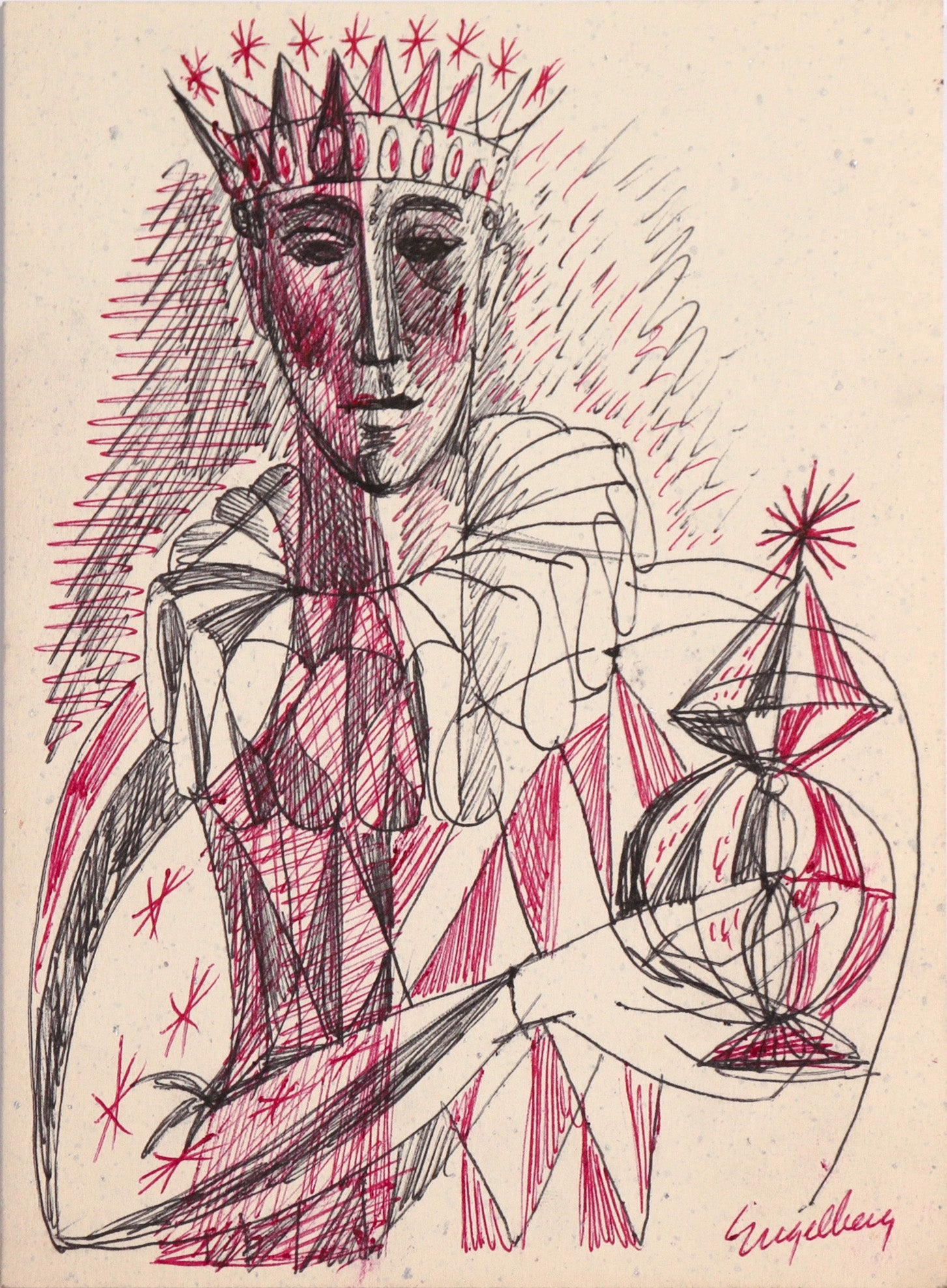 Harlequin with Magical Object <br>1950's Ink <br><br>#C8187